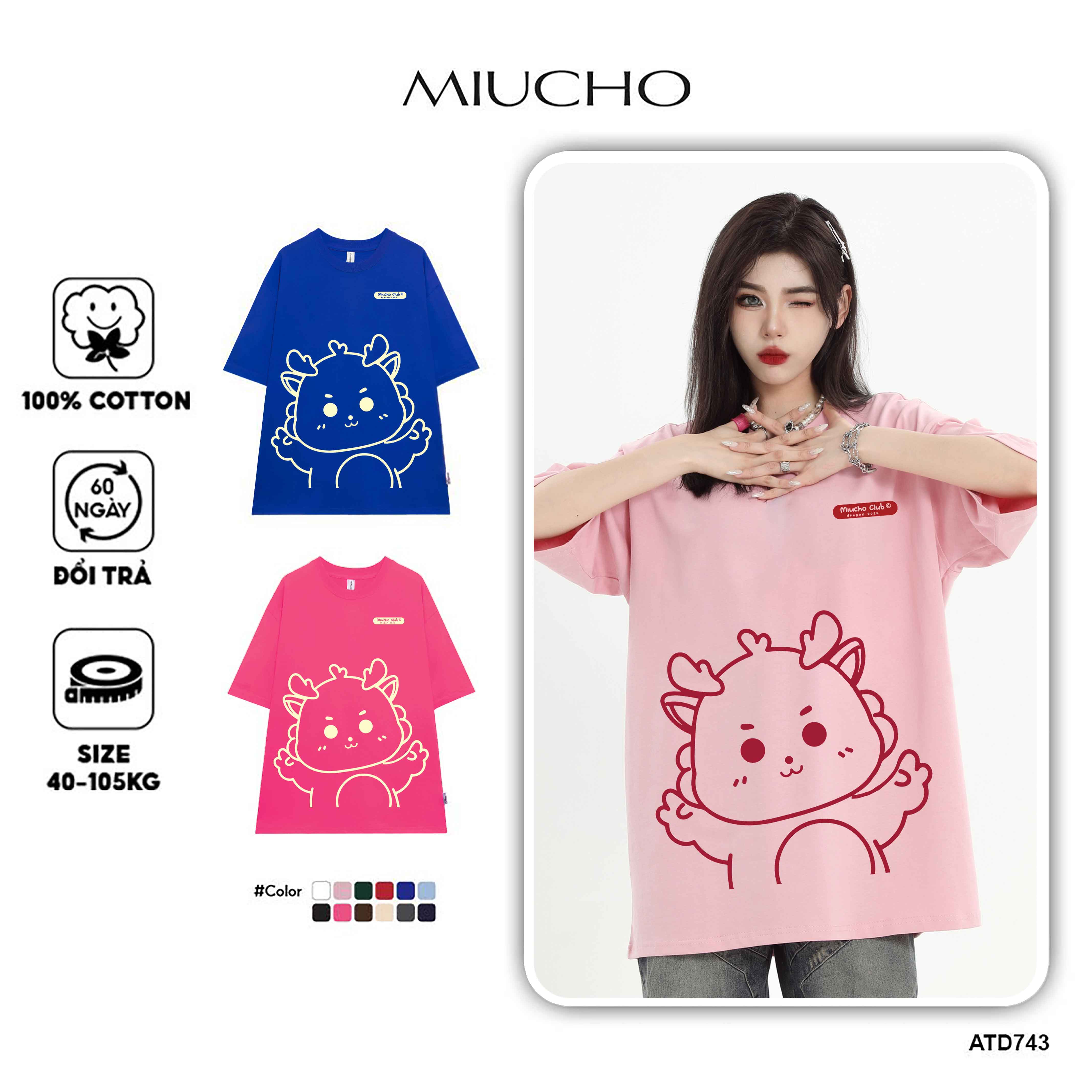 Áo thun in hình rồng local brand form rộng ATD743 Miucho cotton cổ tròn in graphic