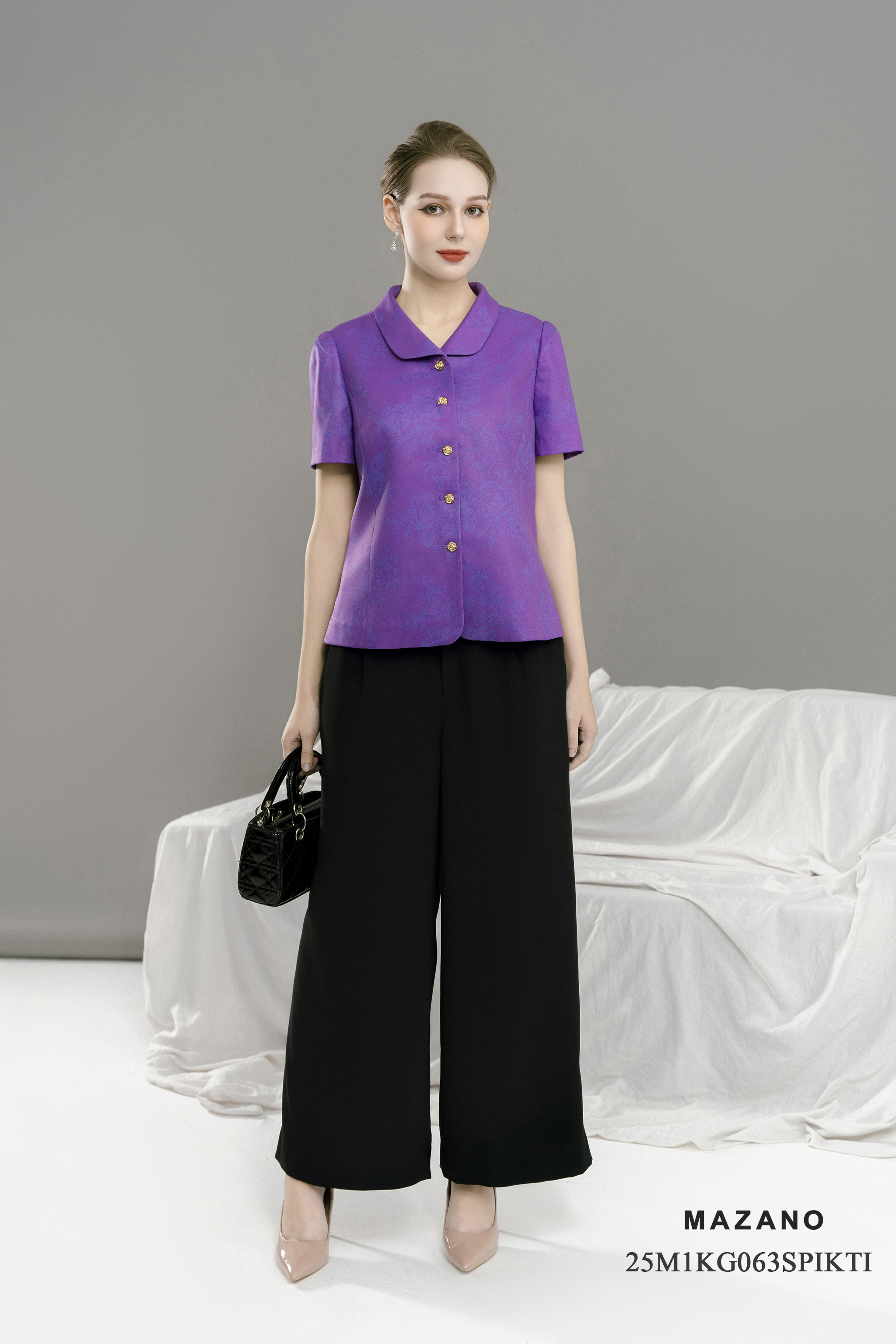 Áo ký giả Vải thô sạn In họa tiết hoa hồng cách điệu Cổ bẻ Tay ngắn Dài dưới eo