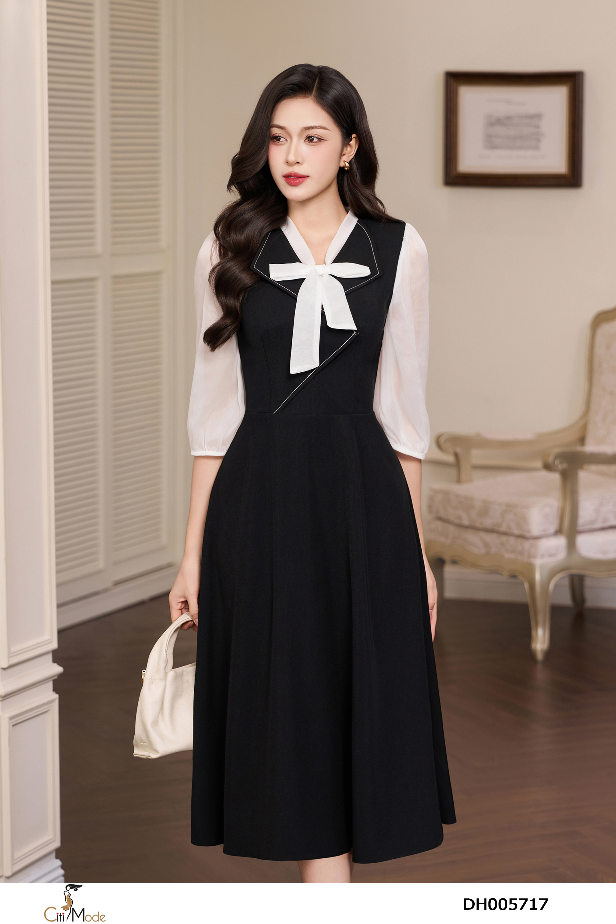 Đầm xòe đen phối tay tắng cổ nơ cách điệu_thumbnail_2
