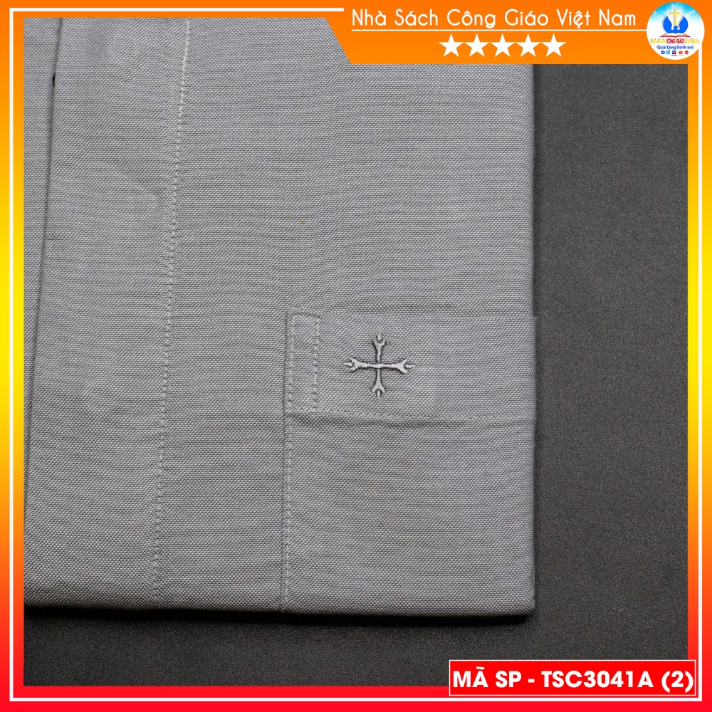 Áo Sơ Mi cổ côn linh mục ngắn tay màu ghi cotton TSC3041A- Quà tặng  Lễ quan thầy, truyền chức, sinh nhật cha xứ_thumbnail_4