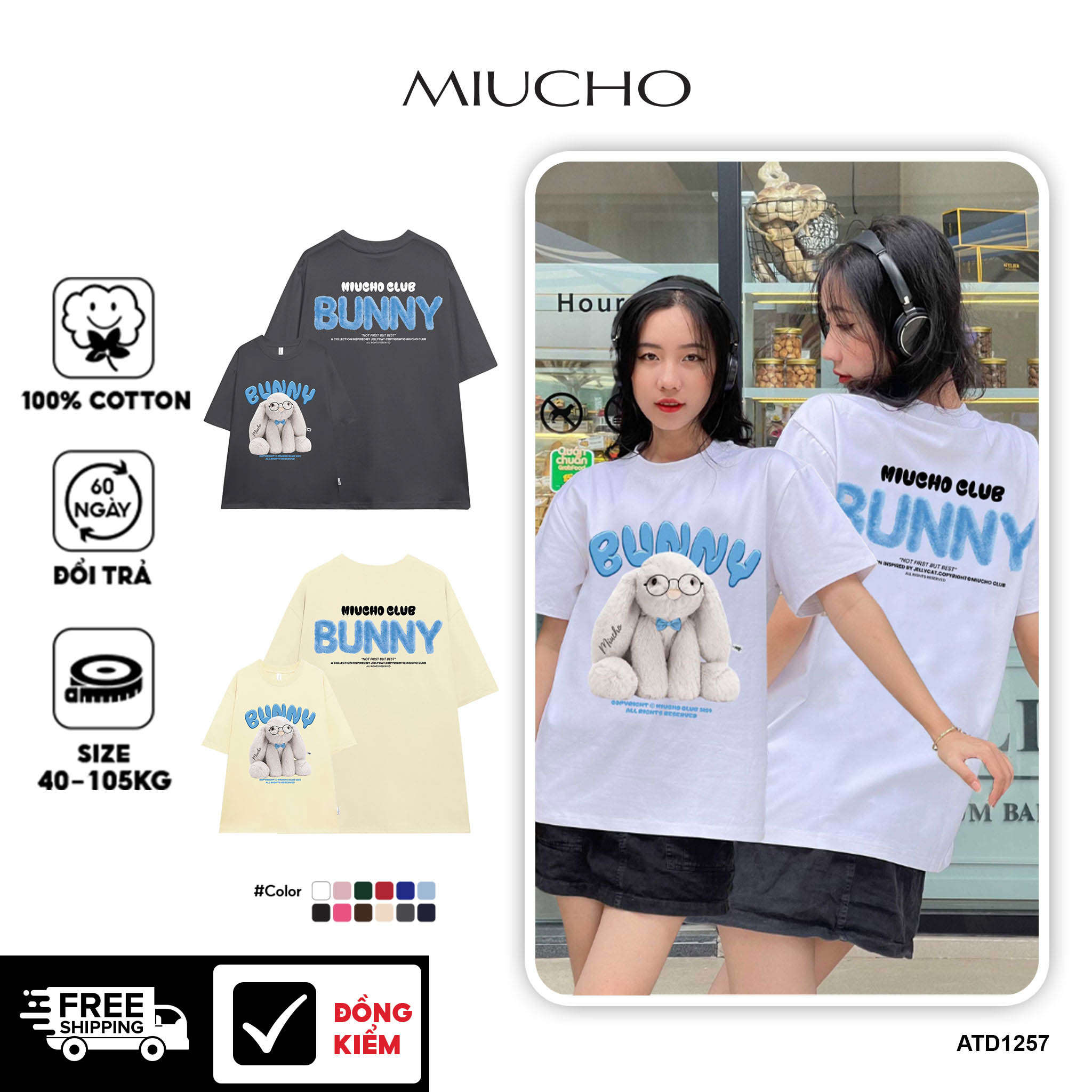 Áo thun thỏ Bunny form rộng local brand ATD1257 Miucho tay ngắn cổ tròn in mix