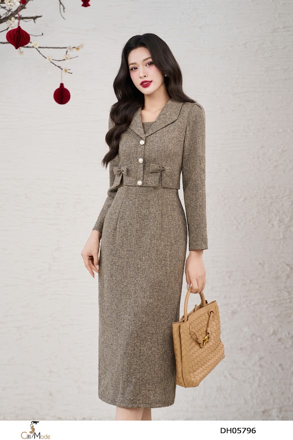 Đầm ôm dạ cổ vest tay dài đính nơ_thumbnail_2