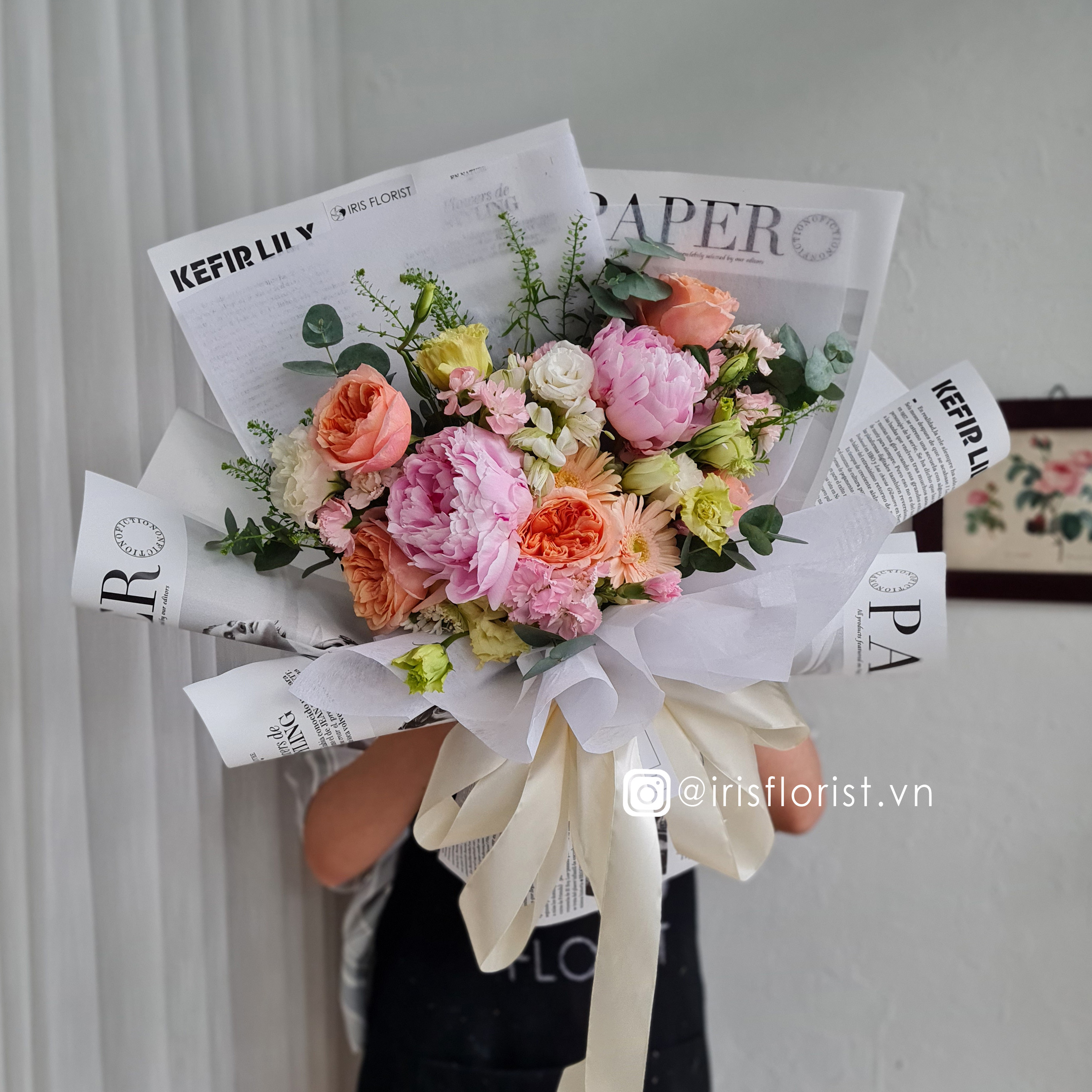 Bó hoa Peony mix - Size L - Tone hồng cam