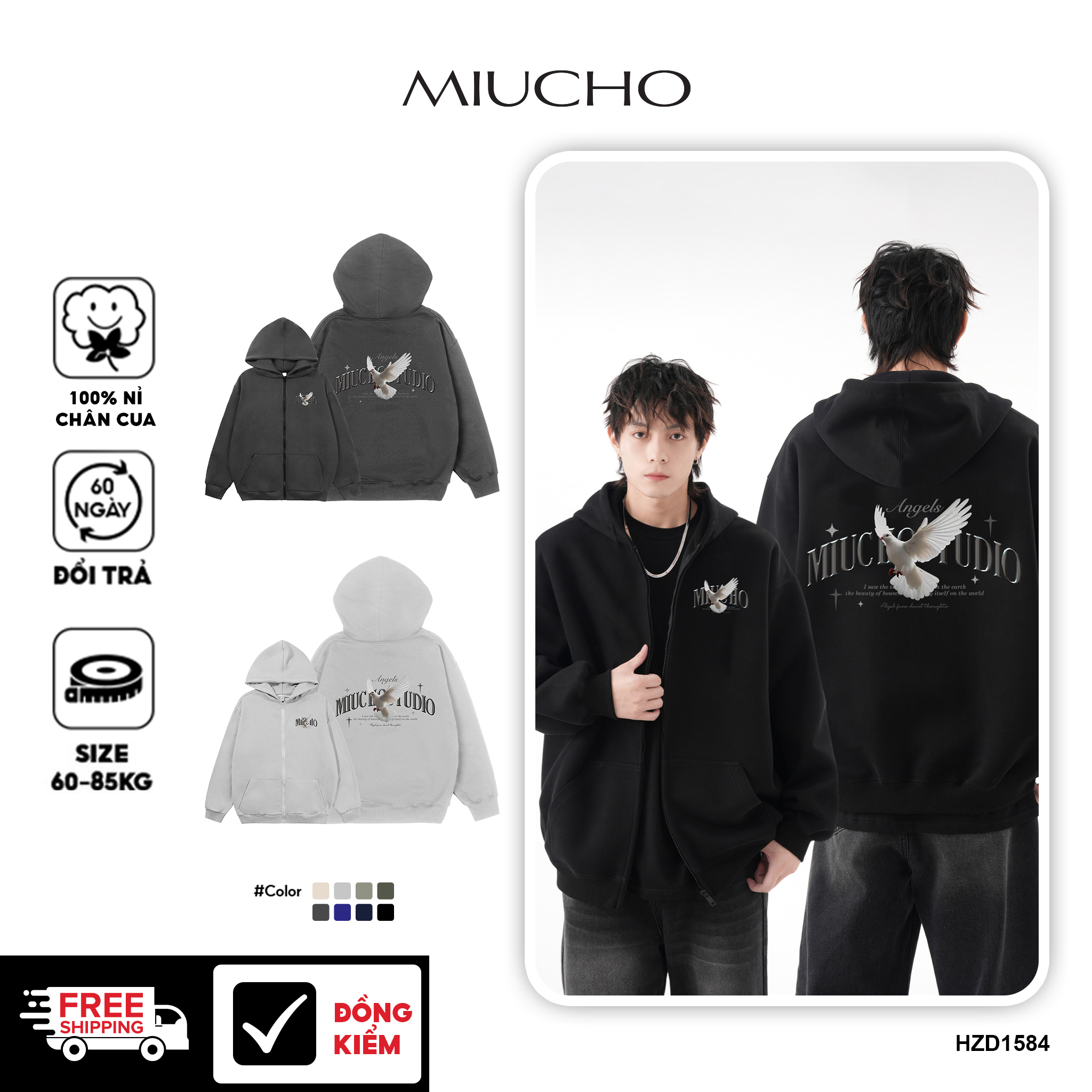 Áo hoodie zip nam local brand form rộng HZD1584 Miucho Club vải nỉ chân cua dày dặn mũ rộng in mix