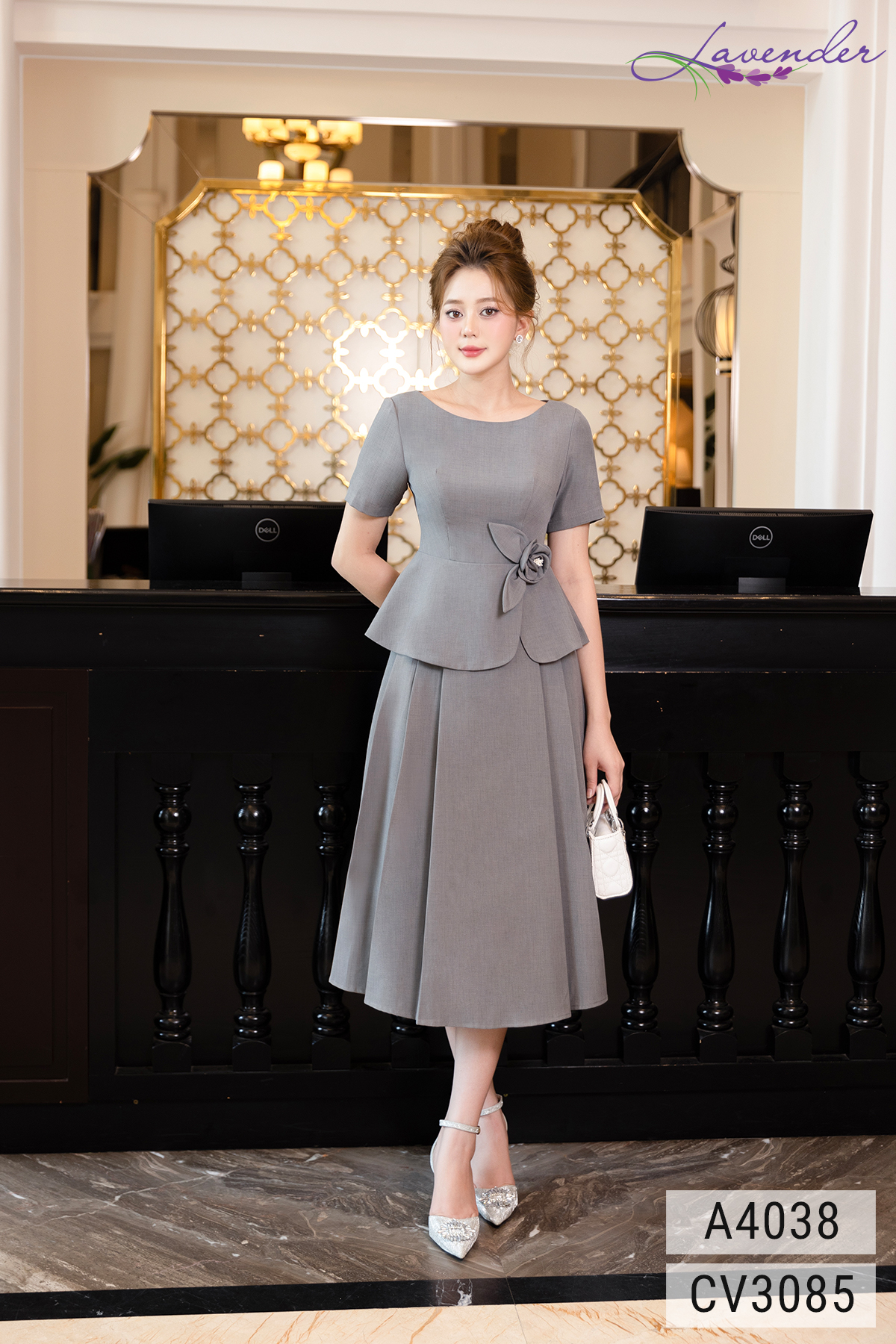 Áo sơ mi nữ công sở Thời trang Lavender màu ghi cổ tròn cuốn hoa eo A4038_thumbnail_3