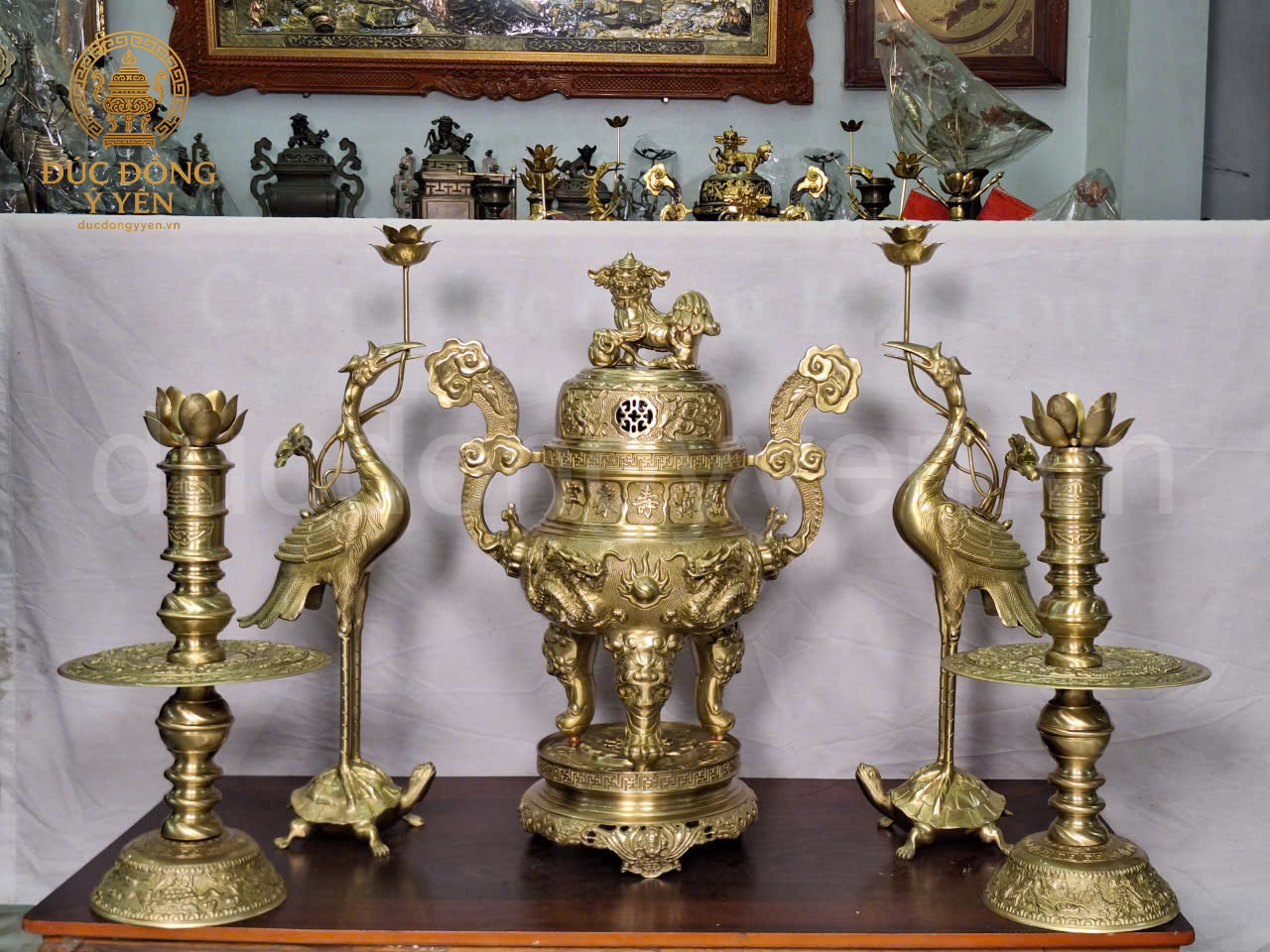 Bộ ngũ sự rồng chầu mặt nguyệt đồng vàng thau cao 50cm