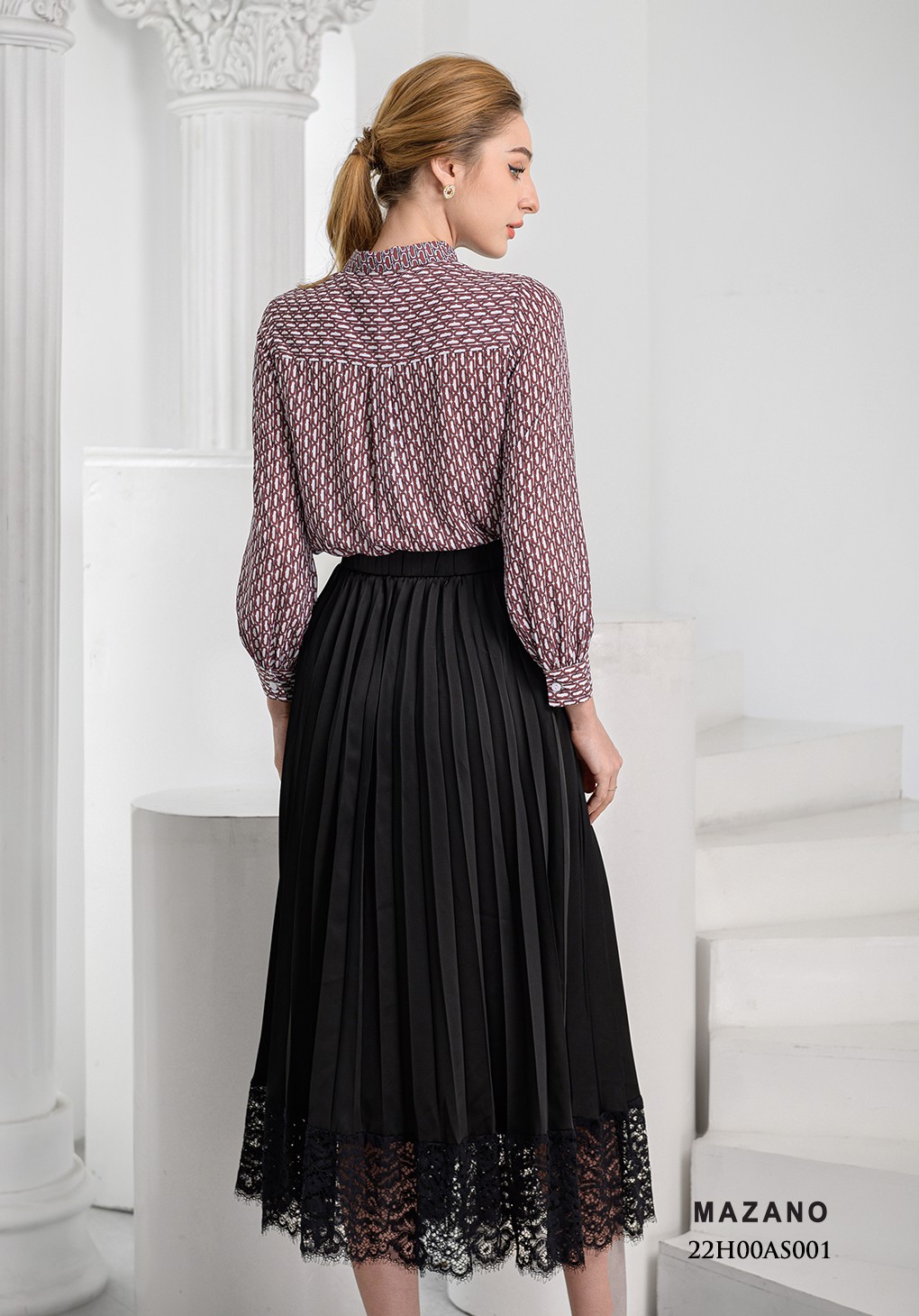 Áo sơ mi họa tiết dài tay phối nơ cổ_thumbnail_3