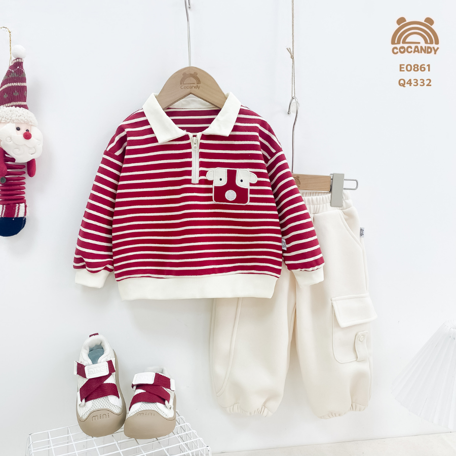 Áo dài polo kẻ ĐỎ cổ khóa phối túi tai lật_thumbnail_1