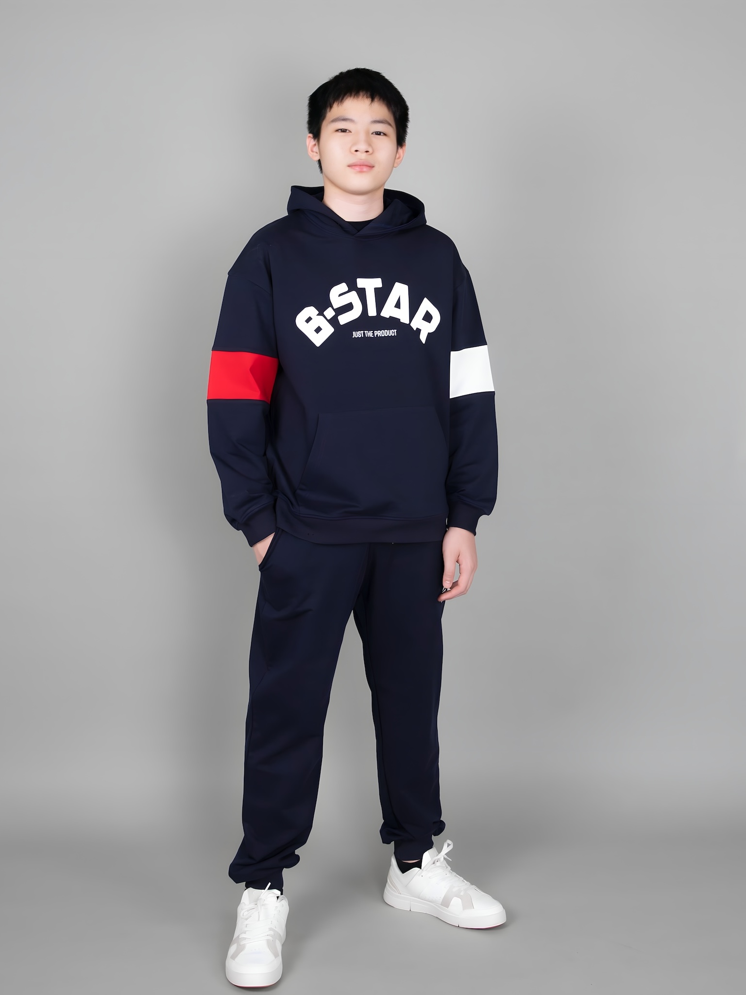 Áo nỉ hoodie màu navy tay phối đỏ trắng
