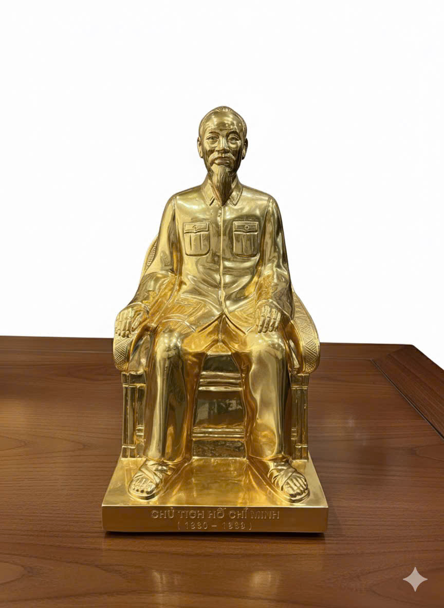 Tượng Bác Hồ ngồi ghế đúc đồng đỏ dát vàng 9999 KT CAO 50CM 