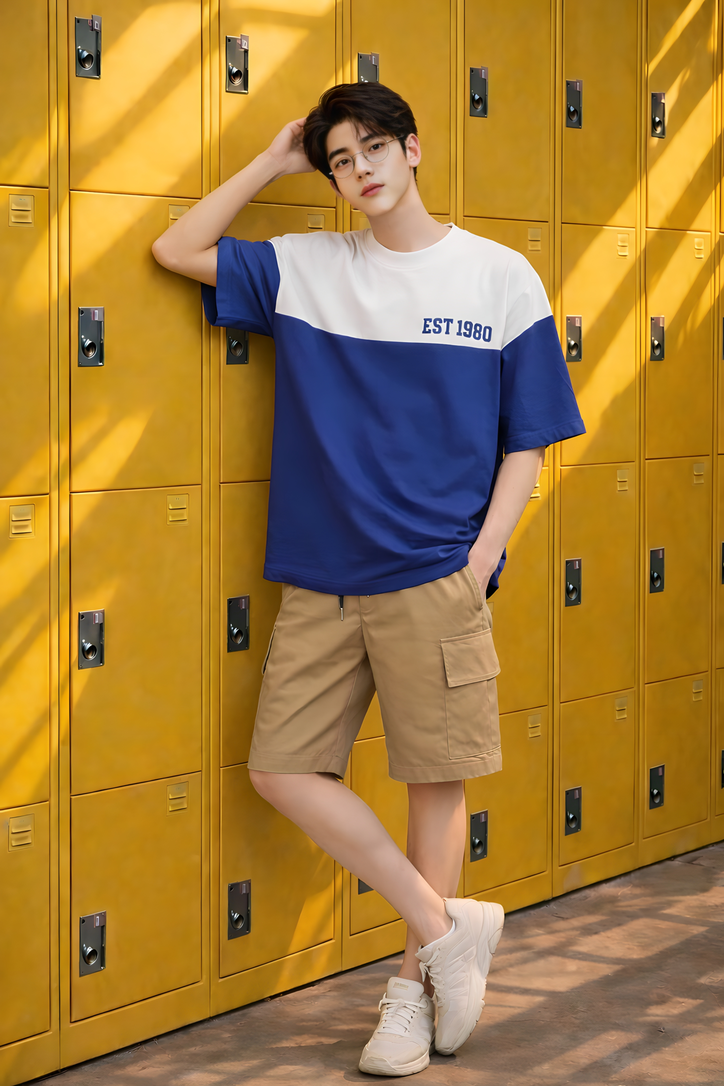 Áo phông dáng rộng màu coban phối trắng in chữ_thumbnail_4