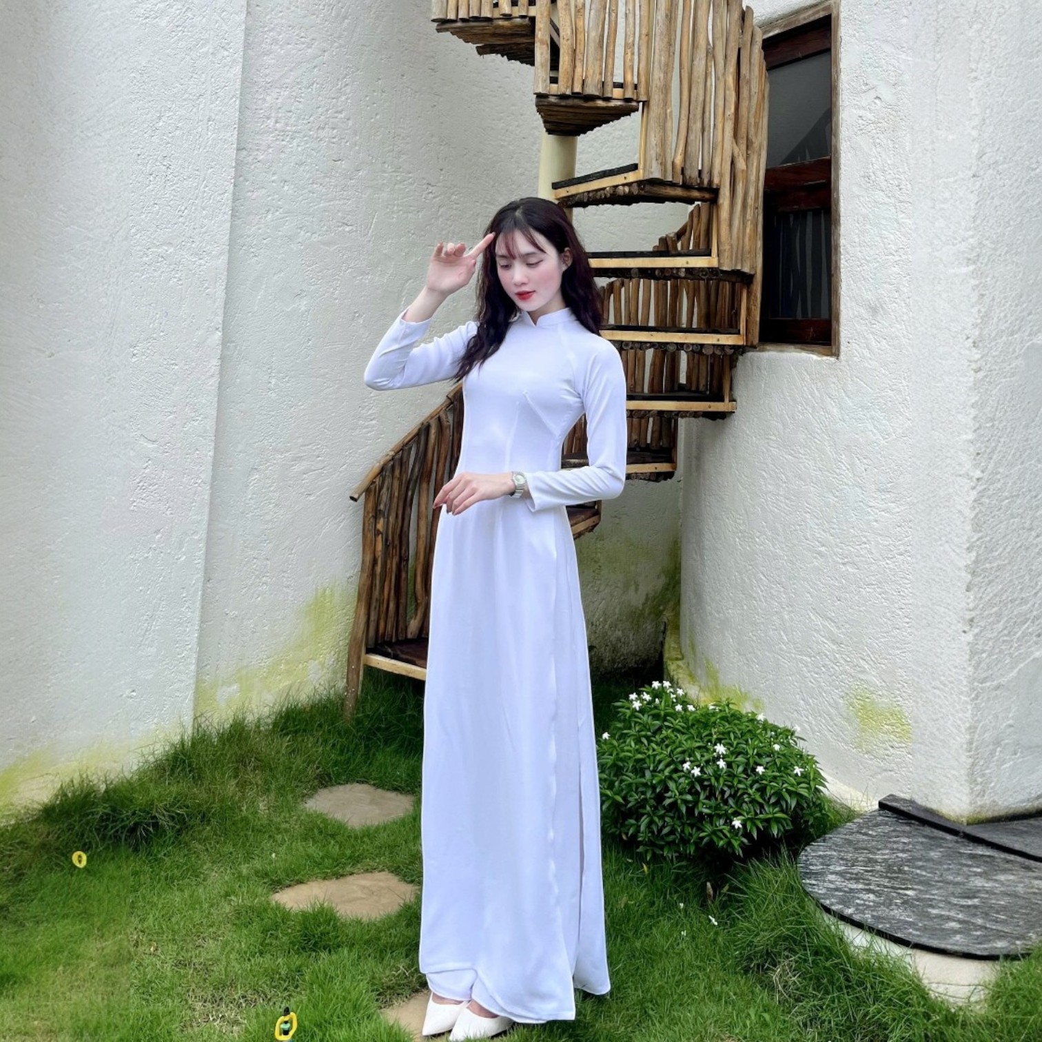 Áo Dài Học Sinh Trắng Cấp 3 2 Tà Lụa Thái Truyền Thống Tay Dài HS83