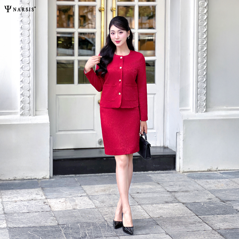 Áo Gấm Xốp Narsis L24035 Màu Đỏ Mận, Tay Dài, Thiết Kế Đệm Vai Nhẹ, Sang Trọng, Thanh Lịch_thumbnail_2