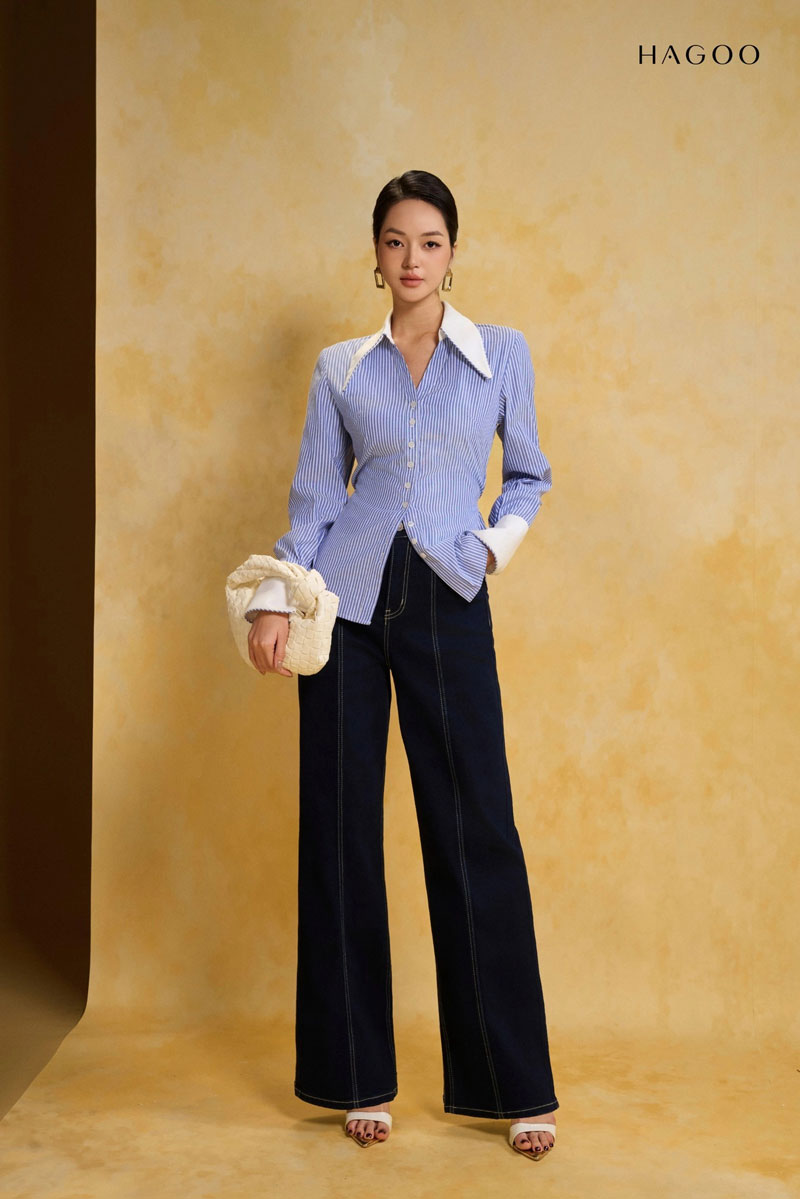 Áo sơ mi sọc cổ nhọn phối cổ trắng HAGOO