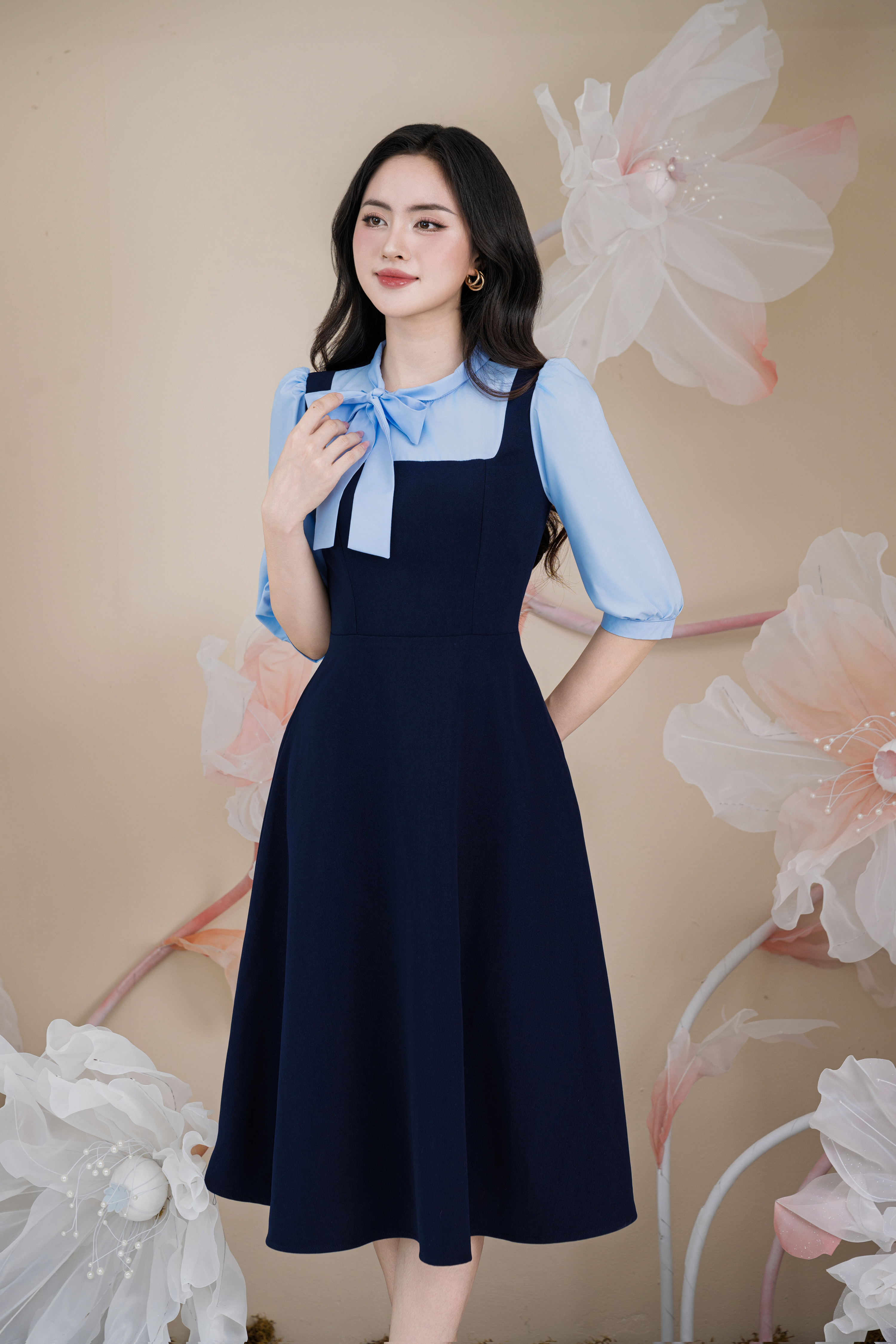 Đầm xoè xanh phối cổ xanh nơ lệch | Thương hiệu thời trang công sở cho ...