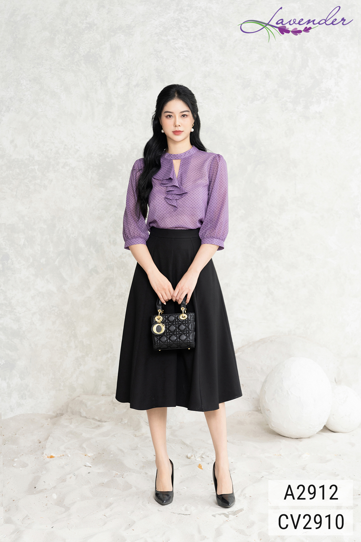 Chân váy xòe midi Thời trang Lavender đen 7 mảnh khóa kéo CV2910