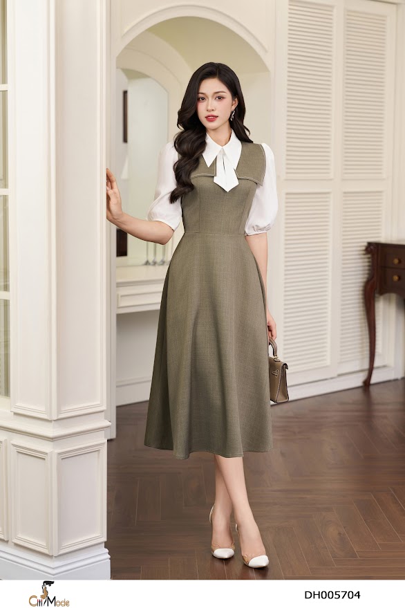 Đầm xòe rêu tay lỡ trắng cổ nơ cách điệu