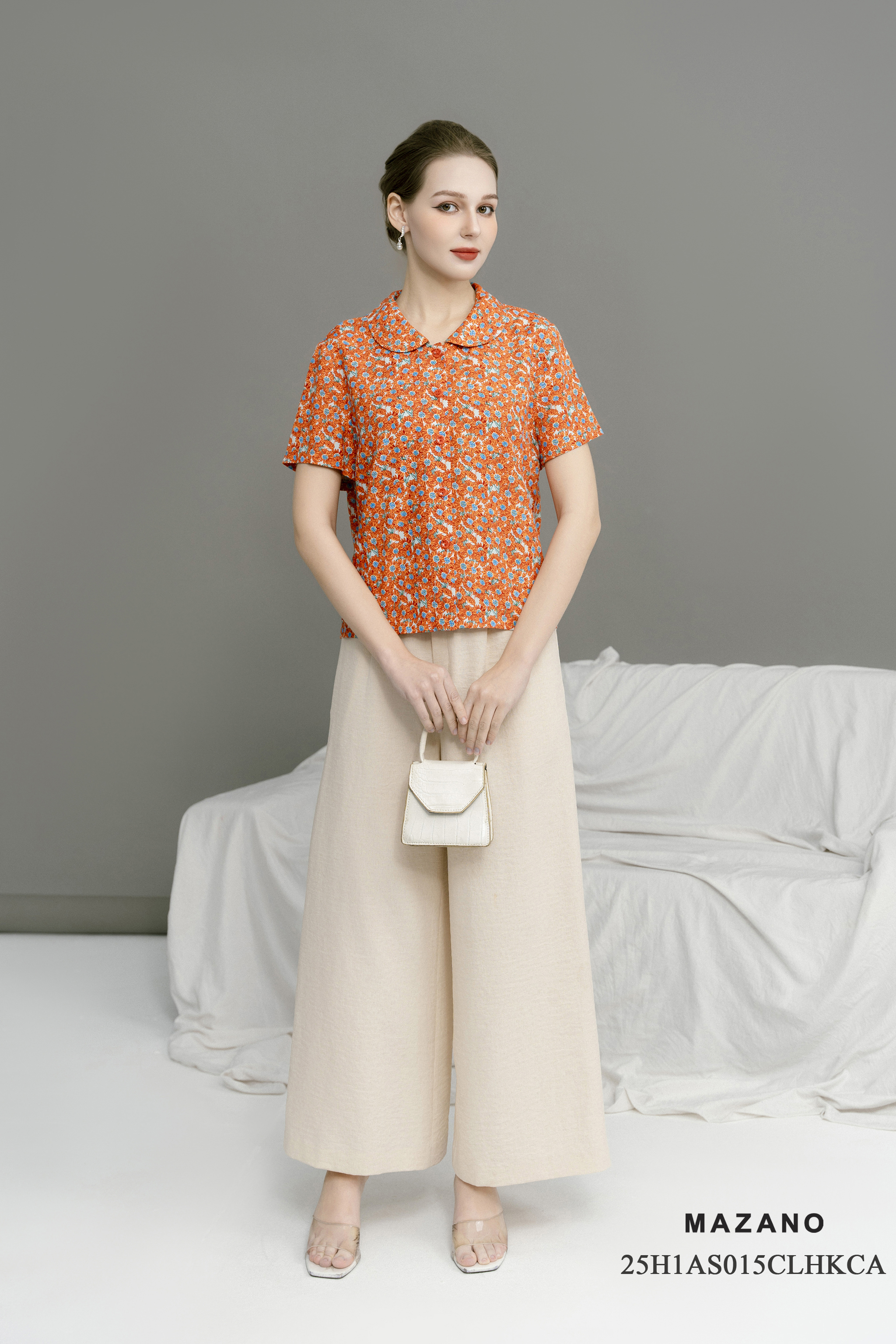 Áo top suông cài khuy Họa tiết hoa cách điệu Cổ bẻ Tay ngắn Dài dưới eo_thumbnail_2