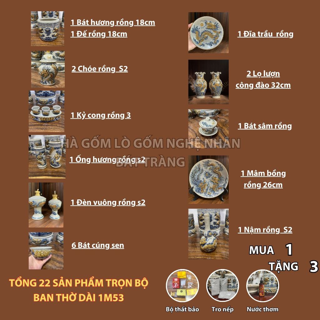 HG043 Đồ Thờ Cúng Bộ 22 món ban thờ 1M53 men rạn nổi nghệ nhân Bát Tràng chế tác TẶNG Thất Bảo, Tro Nếp_thumbnail_1