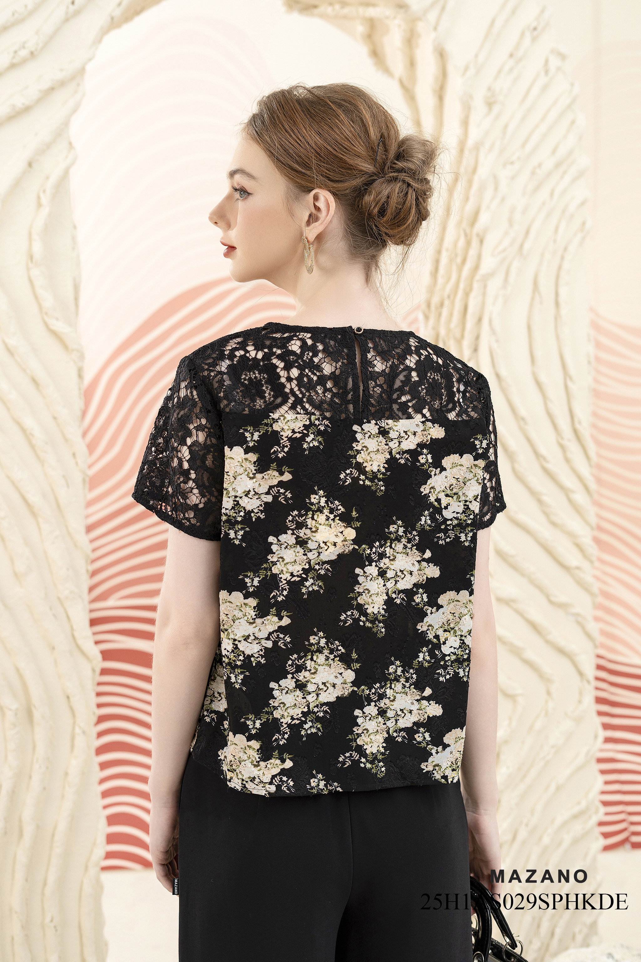 Áo Top Suông Vải voan 3D phối ren Họa tiết hoa cách điệu Cổ tròn Tay ngắn Dài dưới eo_thumbnail_5