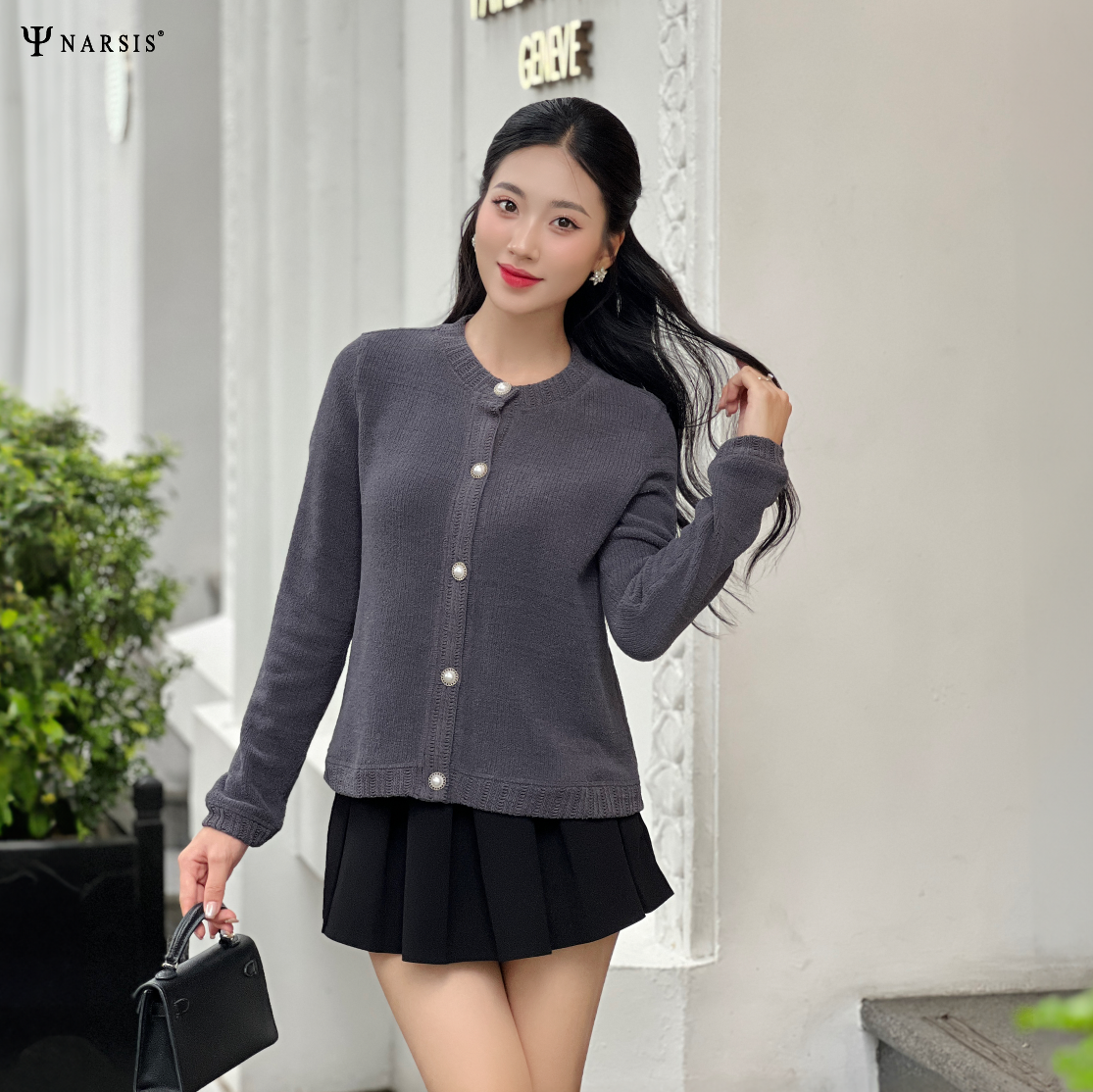 ÁO CARDIGAN NỮ NARSIS DÁNG NGẮN CHẤT LIỆU LEN MỀM MỊN MÀU GHI ĐẬM PHONG CÁCH HÀN QUỐC L23032 NARS...