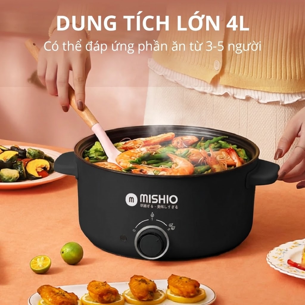 Nồi Lẩu Điện 4L Mishio MK328 có xửng hấp dùng được tối đa 6 người (MÀU ĐEN)_thumbnail_2