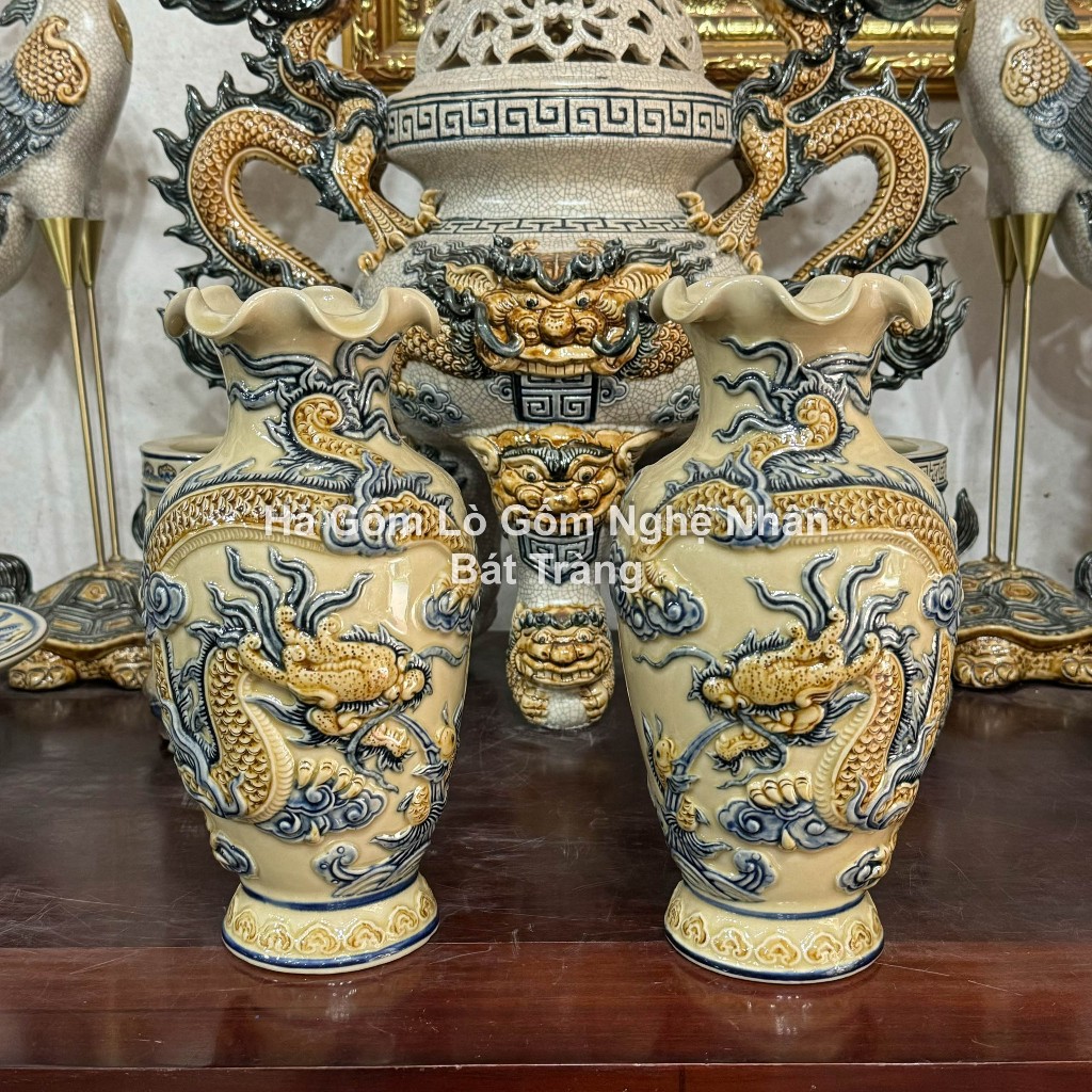 Đồ Thờ Cúng Lọ Hoa Men Hoàng Thổ - Lọ Lượn Chim Công Hoa Đào - Tài Lộc Phú Quý 28cm, 35cm Bát Tràng_thumbnail_4