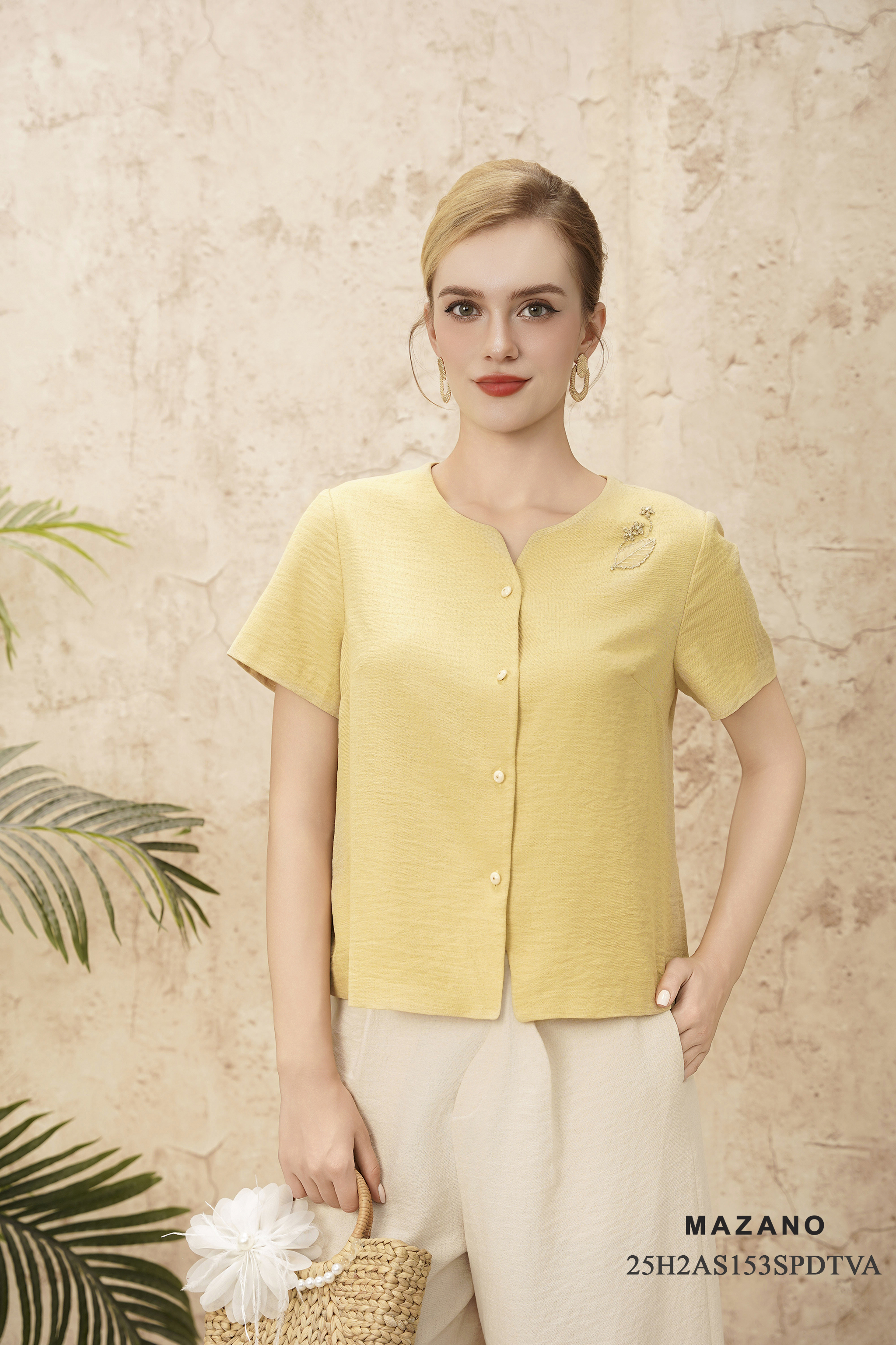 Áo suông cài khuy Vải linen màu vàng kem không Cổ Tay ngắn Dài áo qua eo_thumbnail_2