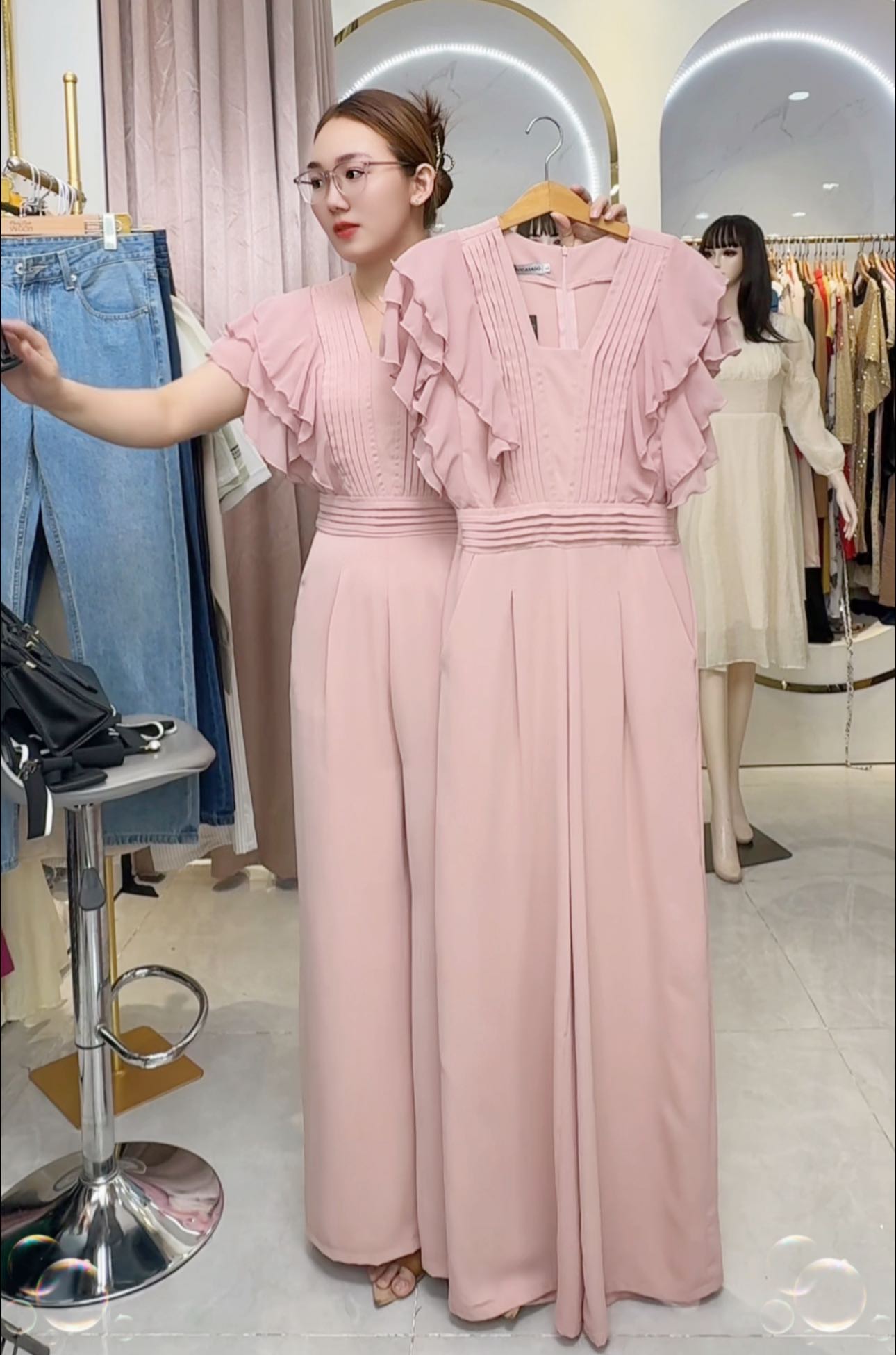 Jumpsuit ống suông xếp ly tay cánh tiên