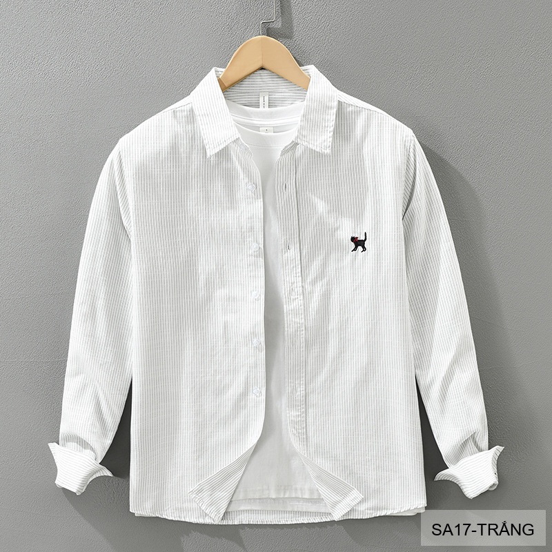 SA17 - Áo sơ mi nam dài tay thêu họa tiết mèo, form rộng, chất cotton 100%, phối sọc thời thượng_thumbnail_5