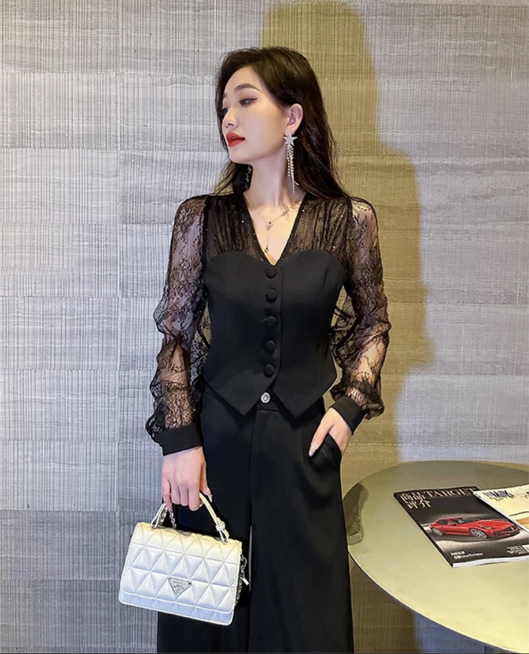 Set bộ áo kiểu cổ điển tay phối ren quần ống rộng_thumbnail_7