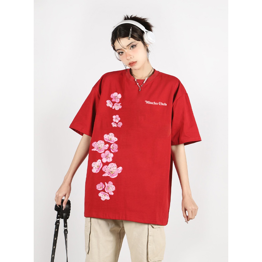 Áo thun Tết in hoa đào form rộng local brand ATD923 Miucho tay ngắn cổ tròn in mix_thumbnail_3