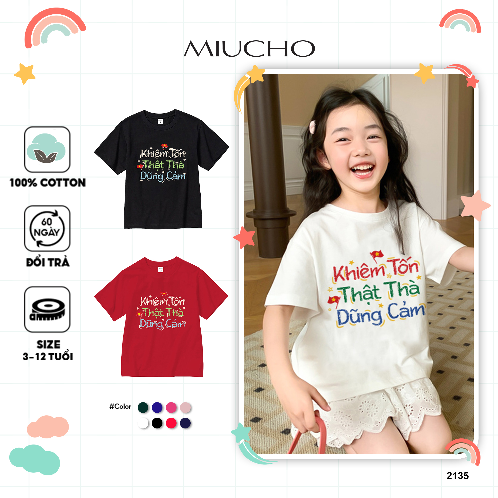 Áo thun Việt Nam tôi yêu cho bé gái form rộng 2135 Miucho Kid vải cotton thoáng mát co giãn in mix