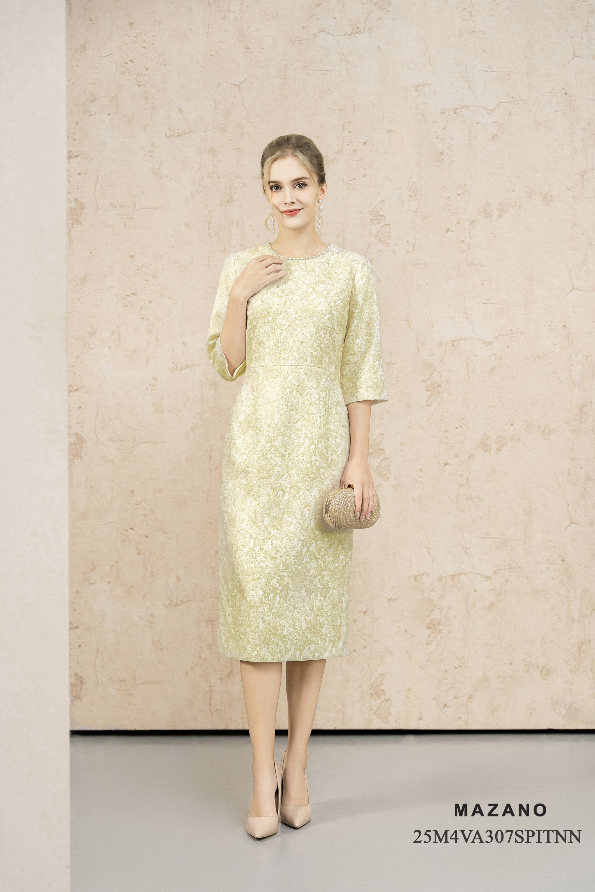 Váy Đầm Suông Vải tweed Hoạ tiết cách điệu Cổ tròn Tay lỡ Dài qua gối