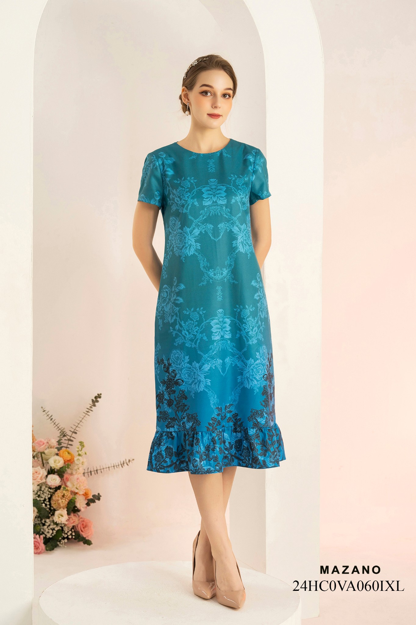 Váy Đầm Suông Vải thô mỏng Hoạ tiết hoa cách điệu in ombre Cổ tròn Tay ngắn Dài ngang bắp chân