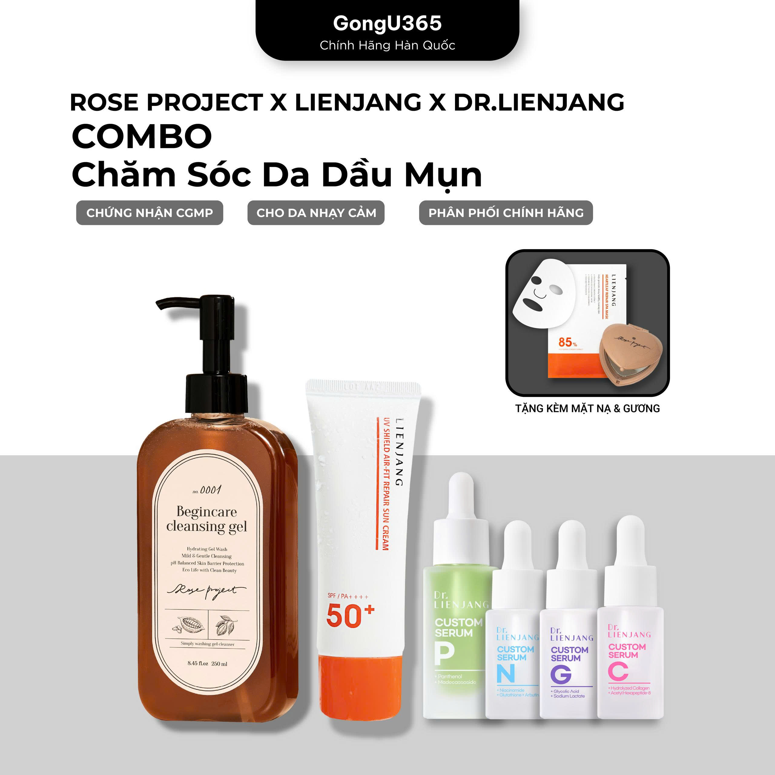 COMBO OILY ACNE SKIN CARE SET - Combo chăm da cho da dầu - Bộ 4 Serum Dr.Lienjang, Gel Rửa Mặt Thuần Chay Rose Project Và Kem Chống Nắng Lienjang