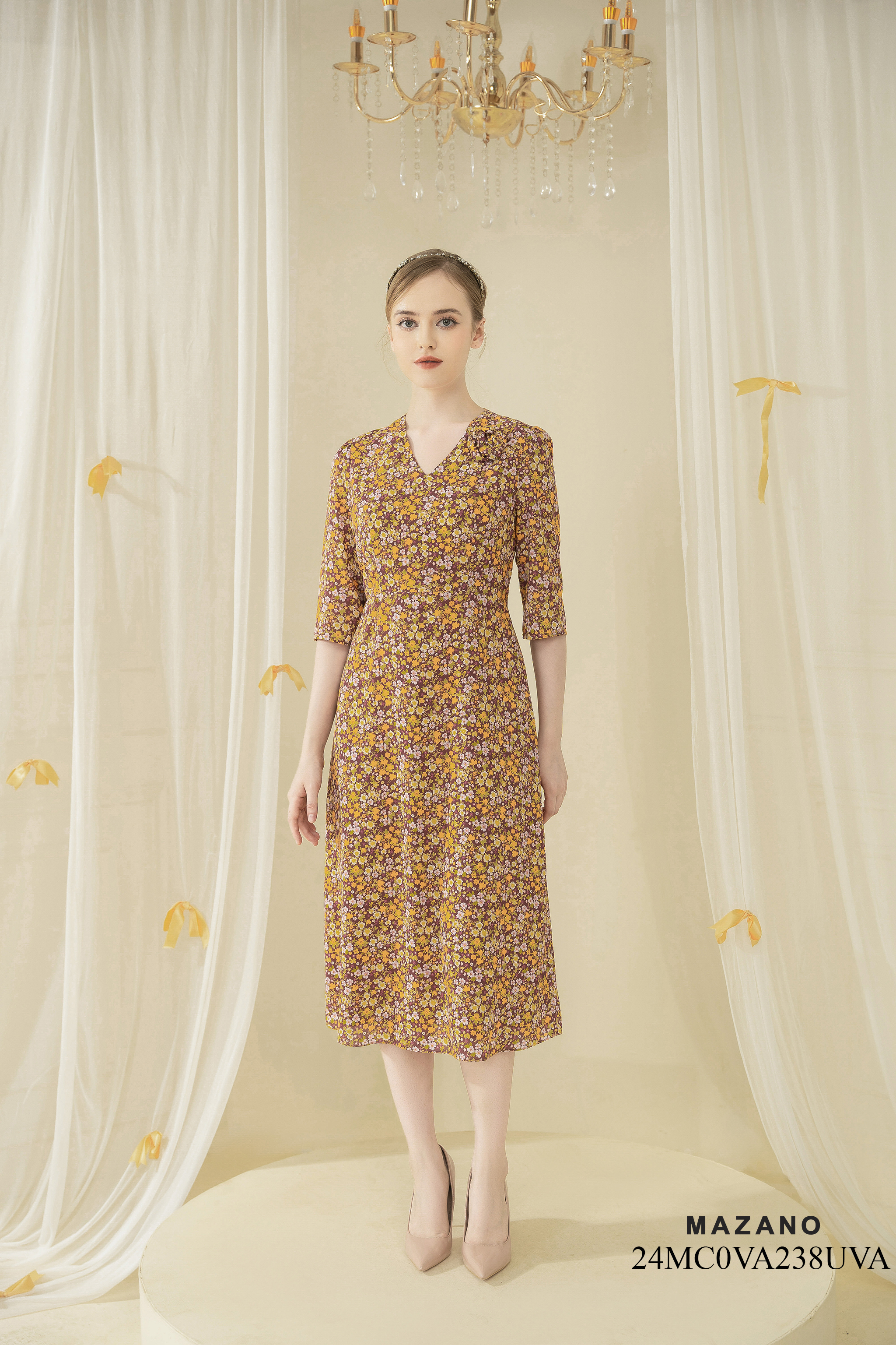 Váy Đầm Ôm Vải chiffon dày Hoạ tiết hoa nhí Cổ V Đính hoa thủ công Tay lỡ Dài đến bắp chân_thumbnail_0