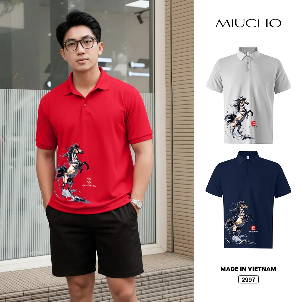 Áo polo Tết Bính Ngọ nam form vừa Miucho Iconic vải poly cá sấu thoáng mát cổ trụ 2997