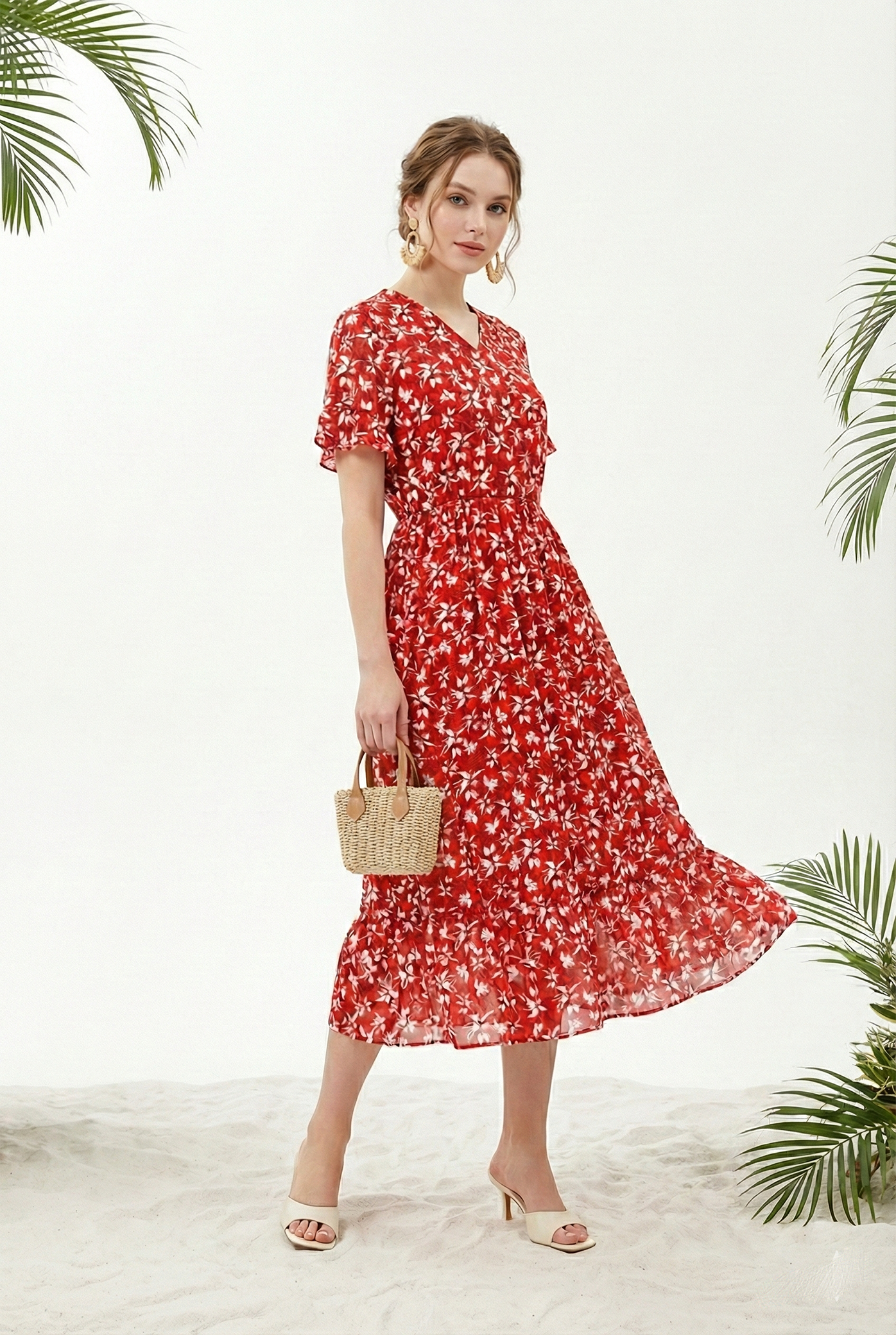 Đầm vải voan dày in hoa lan trắng nền đỏ dáng ôm chân rủ cổ V tay ngắn thiết kế MAZANO 1HA1SVA059DO