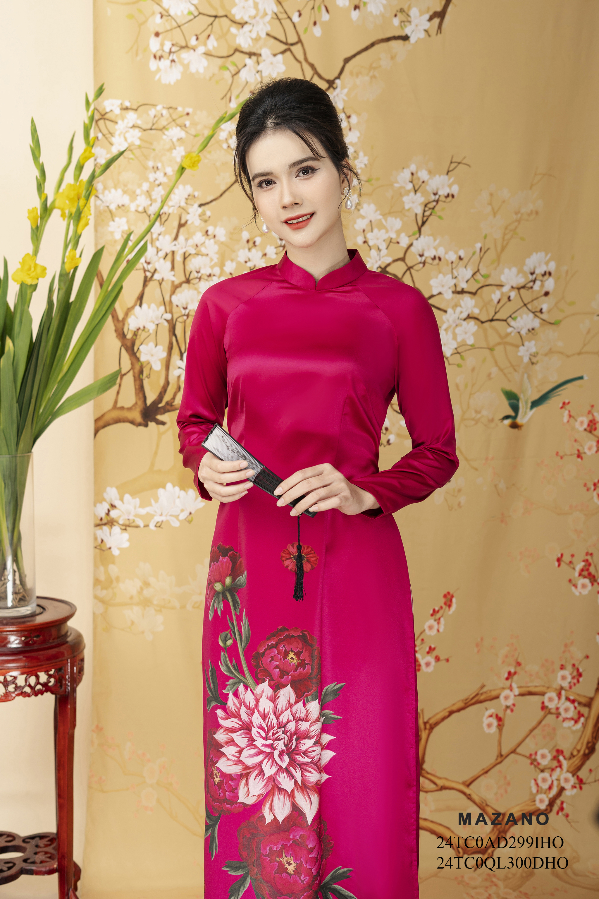 Áo Dài in hoa thược dược Vải lụa ngọc trai Cổ tàu Tay dài Dài tới mắt cá chân- mã mẫu 24TC0AD299IHO_thumbnail_2