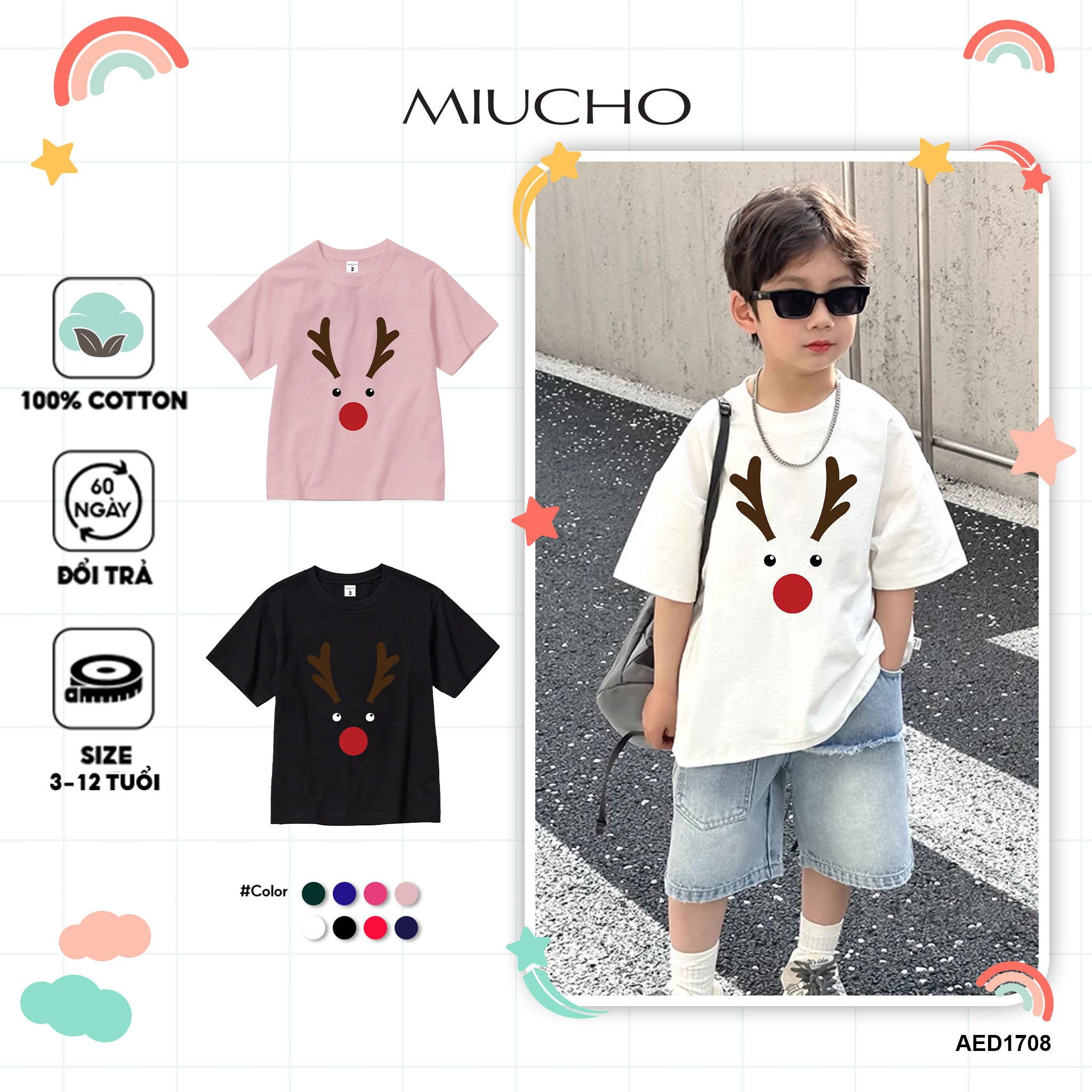 Áo thun bé trai giáng sinh noel form rộng vải cotton co giãn thoải mái AED1708 Miucho Kid in artwork