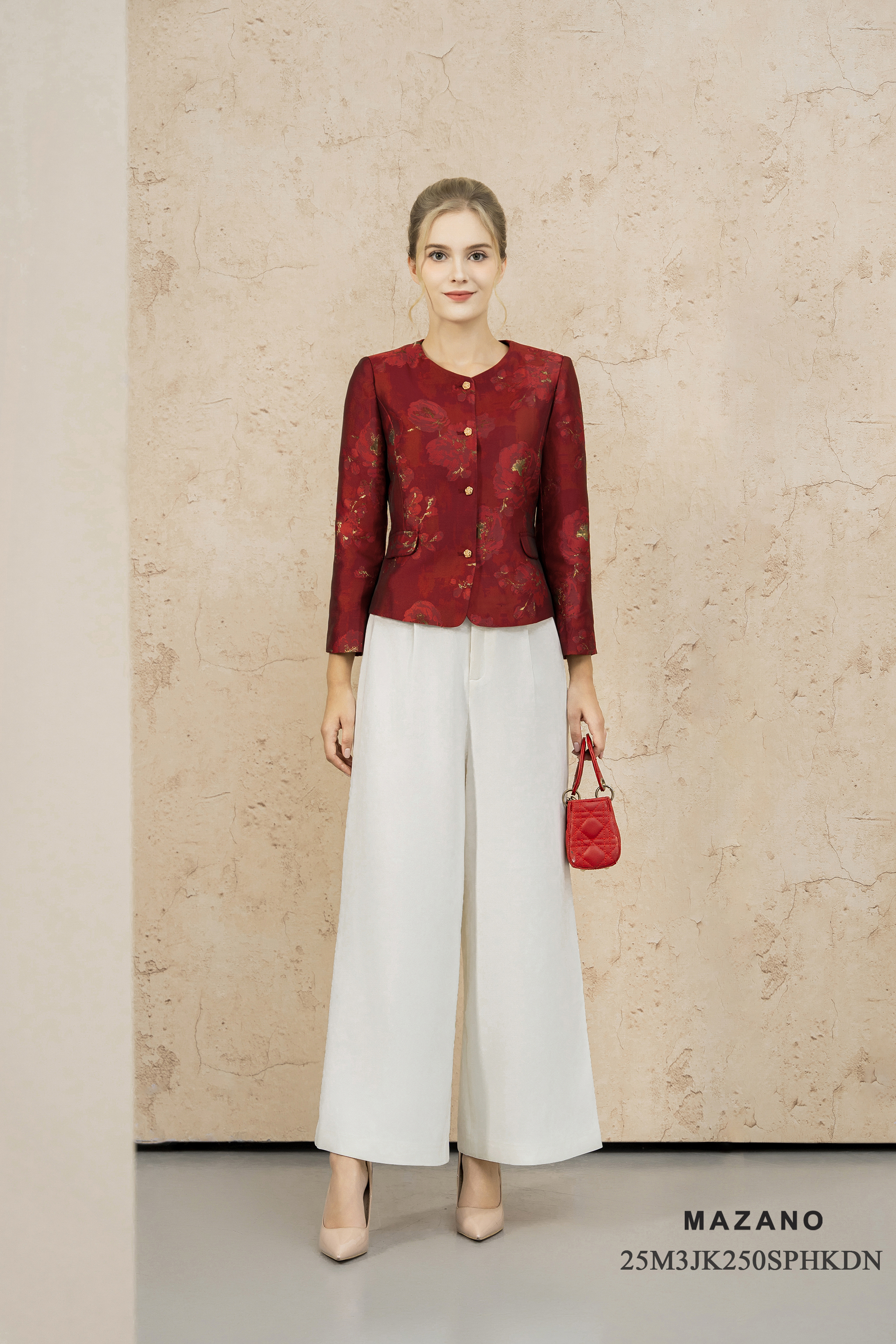 Áo khoác ngắn Vải Tafta Họa tiết hoa mẫu đơn Cổ tròn Tay dài Dài qua eo