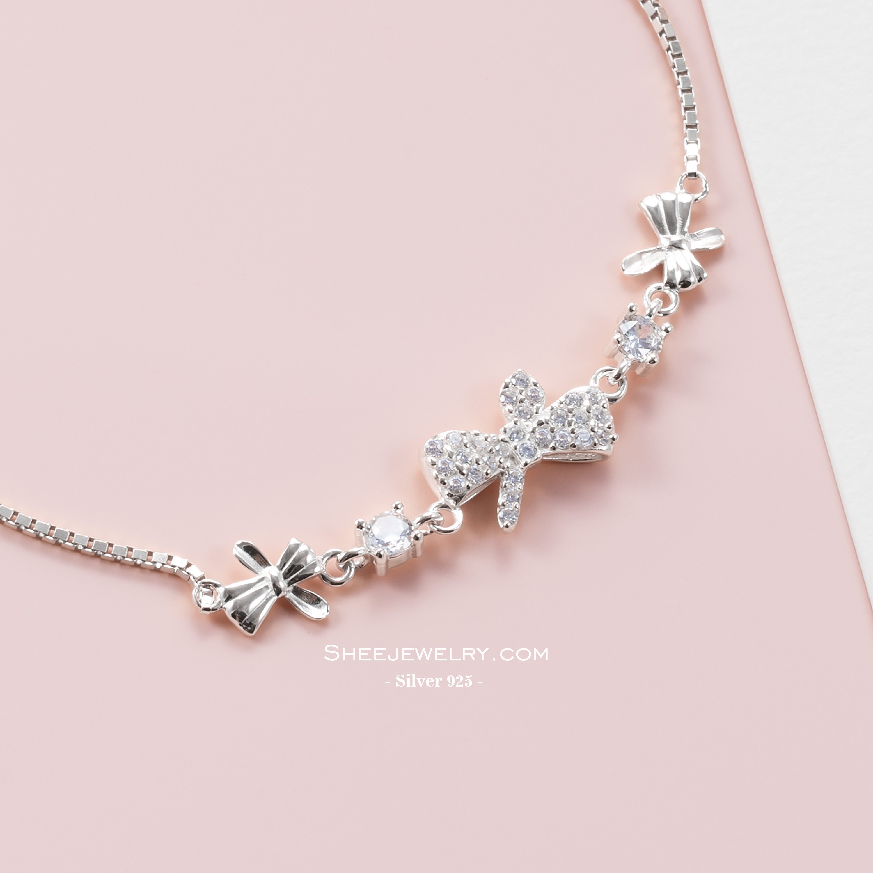 Lắc tay bạc Shee Silver 925 dây rút hình nơ đính đá sáng – phụ kiện tôn da, dễ phối đồ LT004