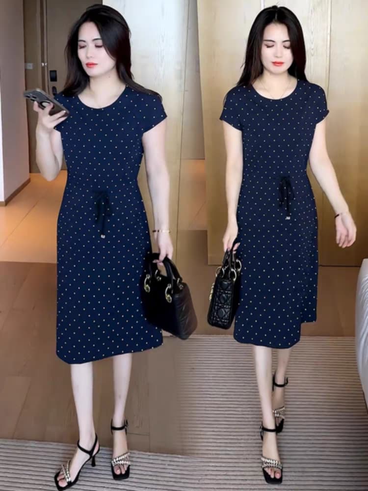 17461-Đầm suông đen cổ  tròn chấm bi eo thắt dây rút (lụa)_thumbnail_1