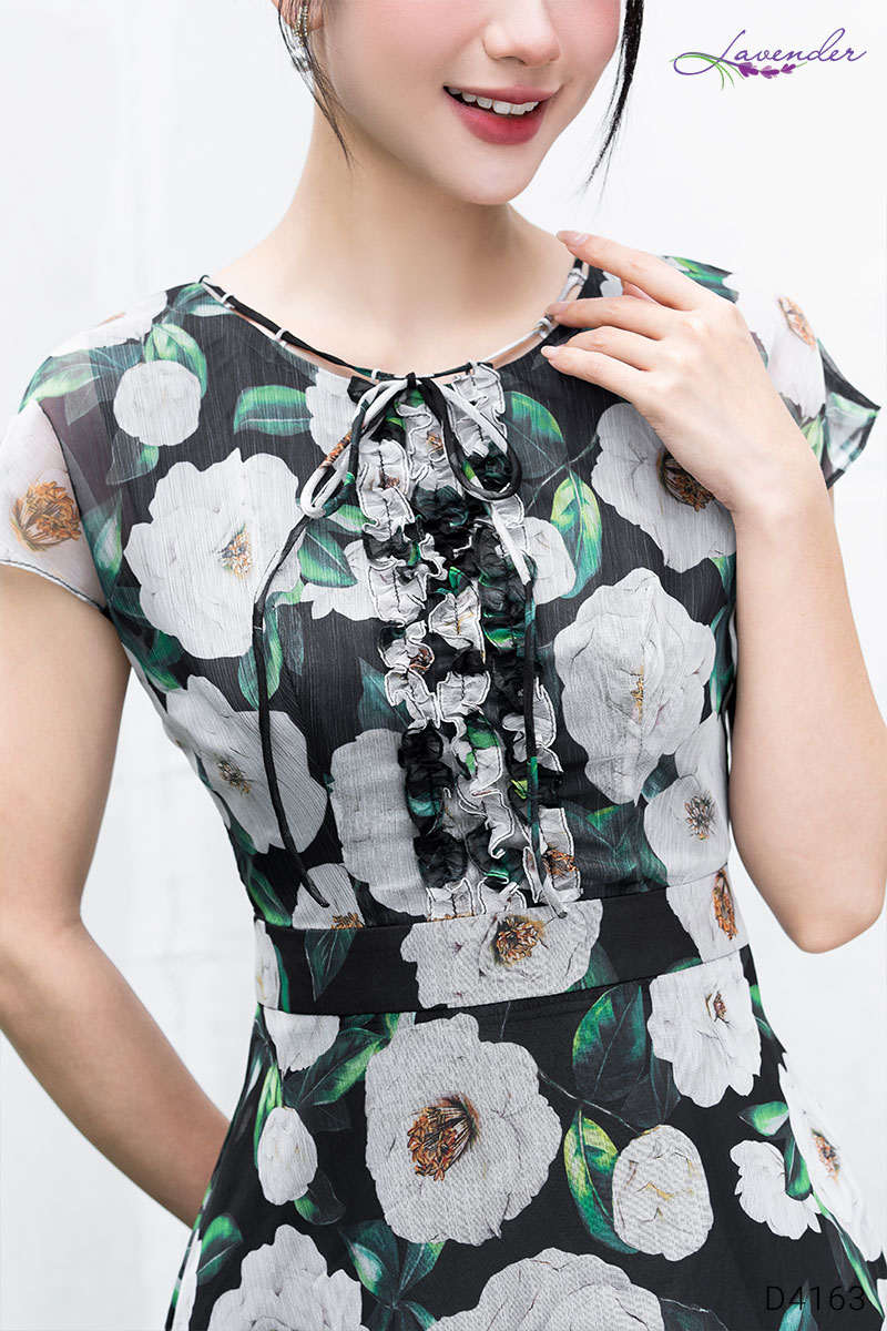 Đầm hoa nhún bèo dọc cổ tròn phối nơ  D4163_thumbnail_4