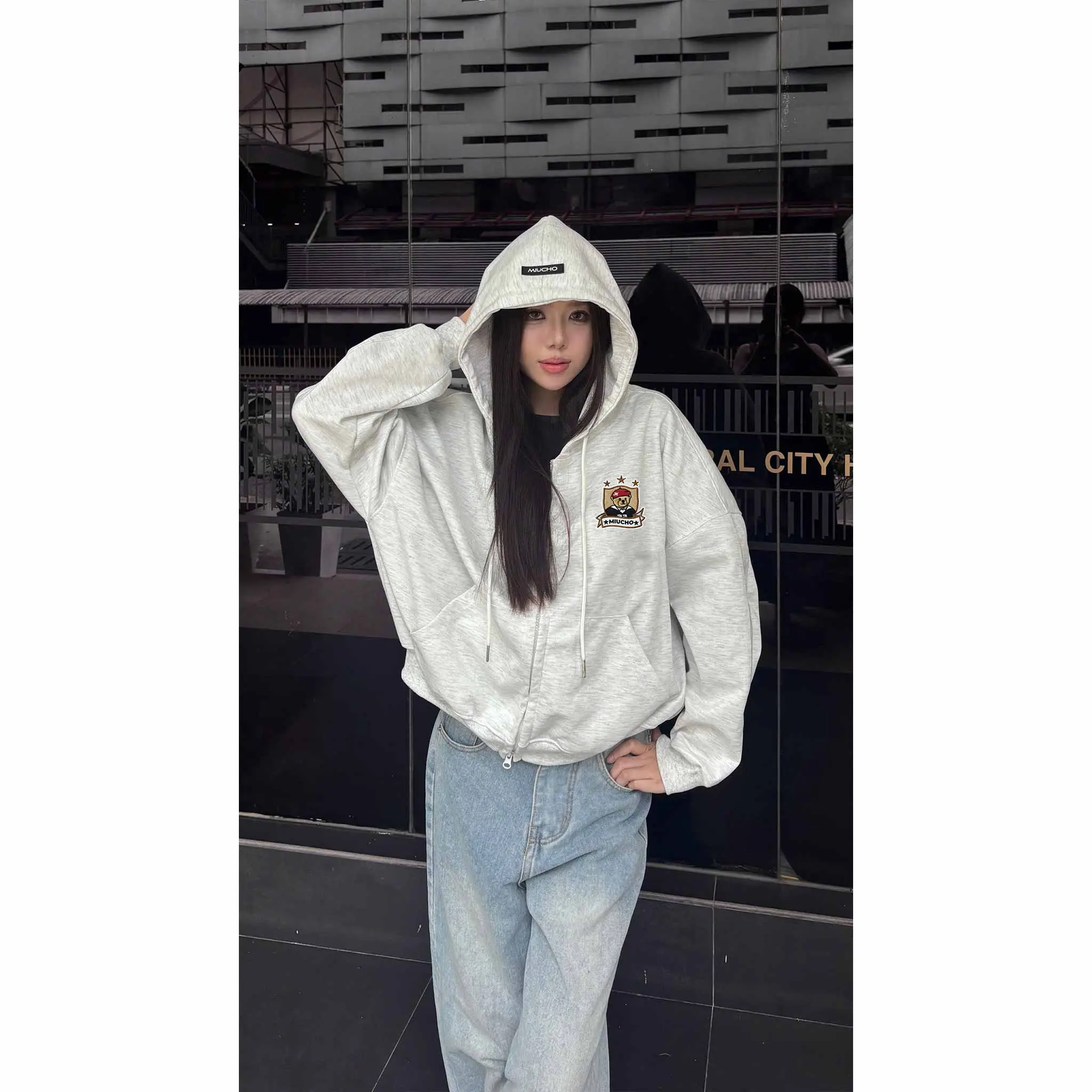Áo hoodie zip form boxy Miucho vải nỉ 2 da mềm mại thoáng mát có nón khóa kéo in mix 2839_thumbnail_4