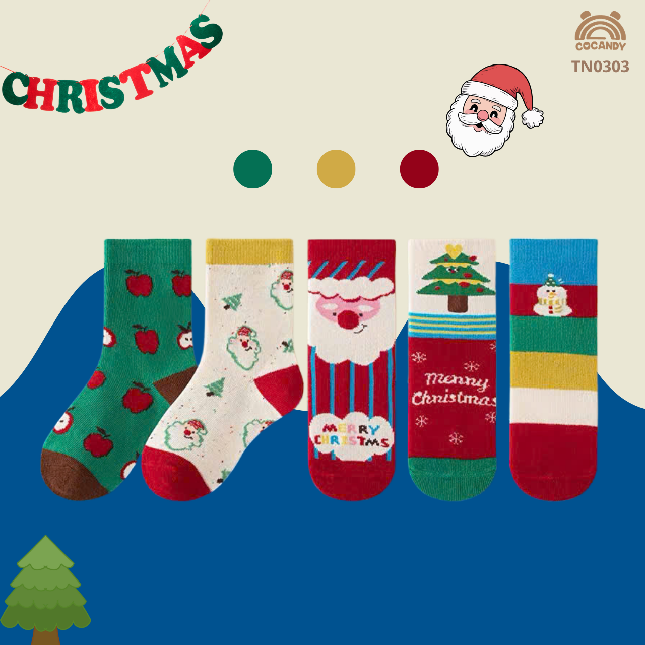 Set 5 đôi tất đôi XANH BE cây thông