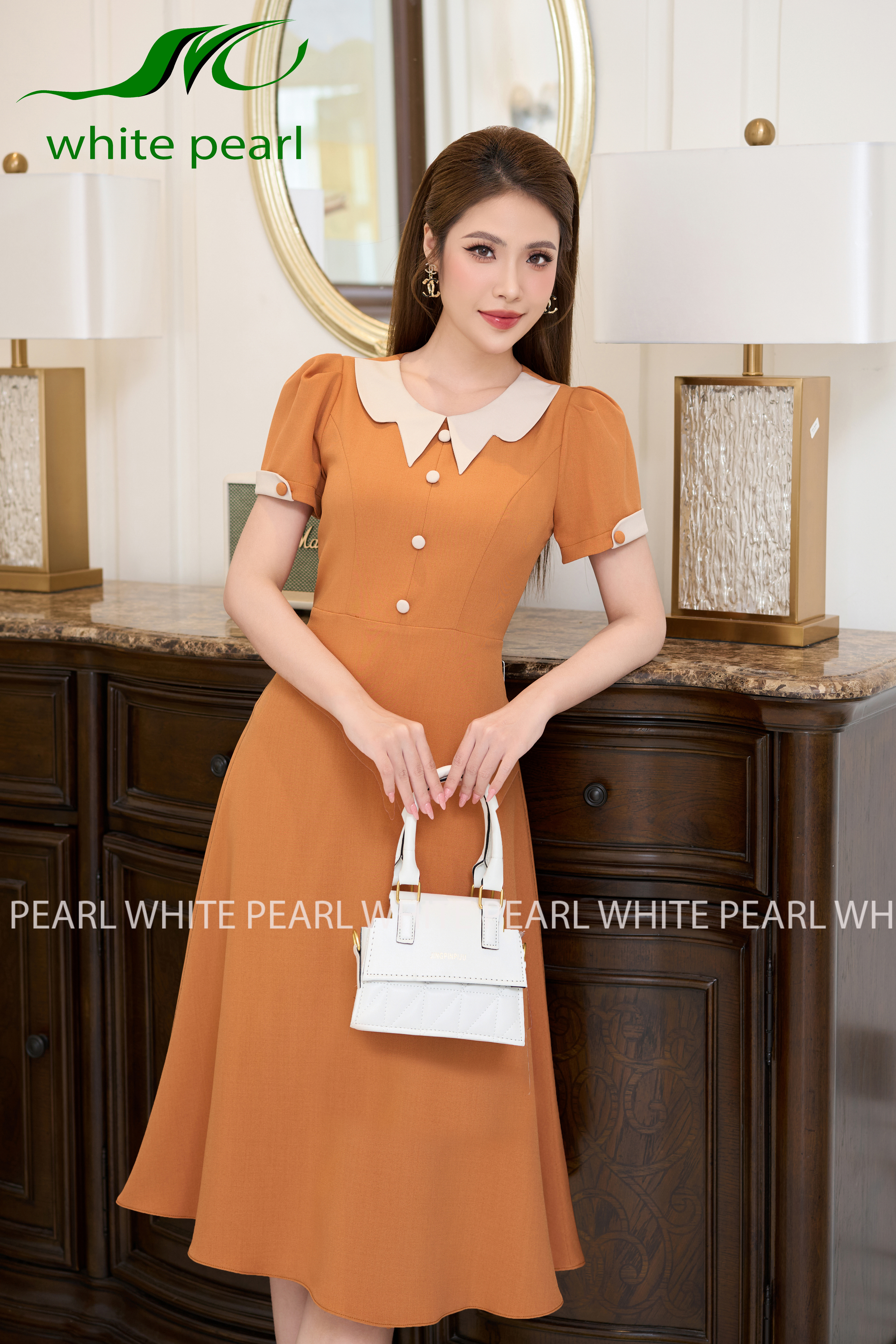 Đầm xòe liền cổ sao D2405 màu cam thời trang công sở cao cấp White Pearl_thumbnail_3