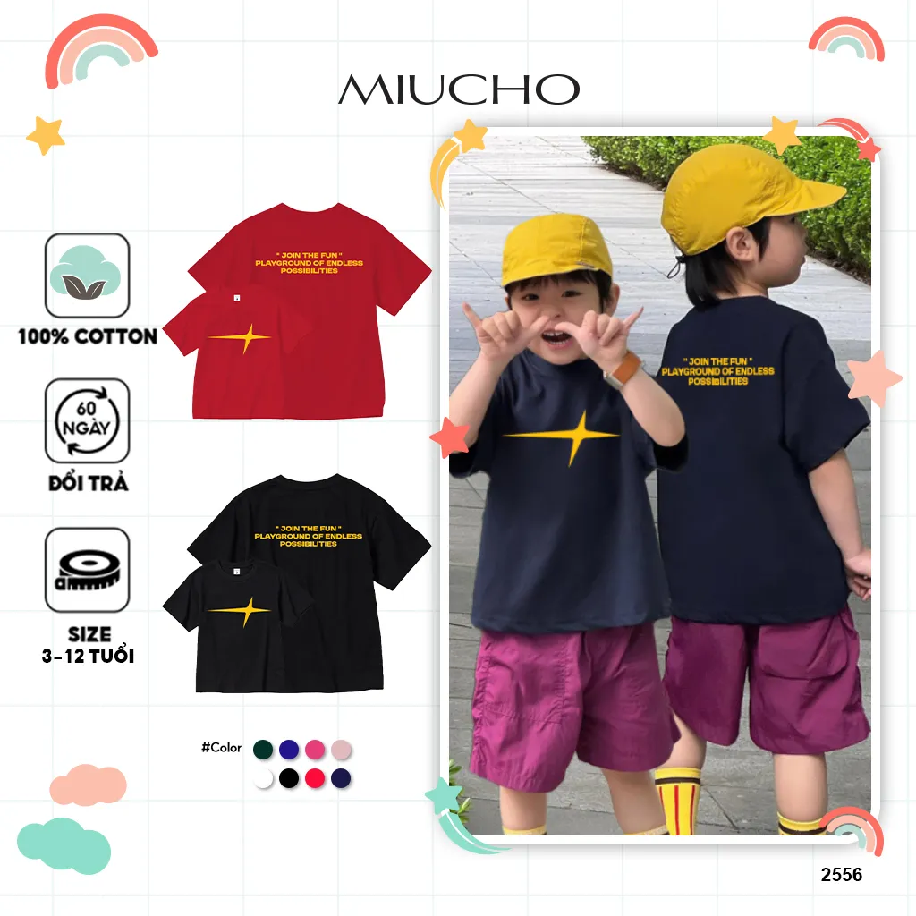 Áo thun kid basic năng động 2556 Miucho Kid vải cotton thoáng mát thấm hút mồ hôi tốt in mix