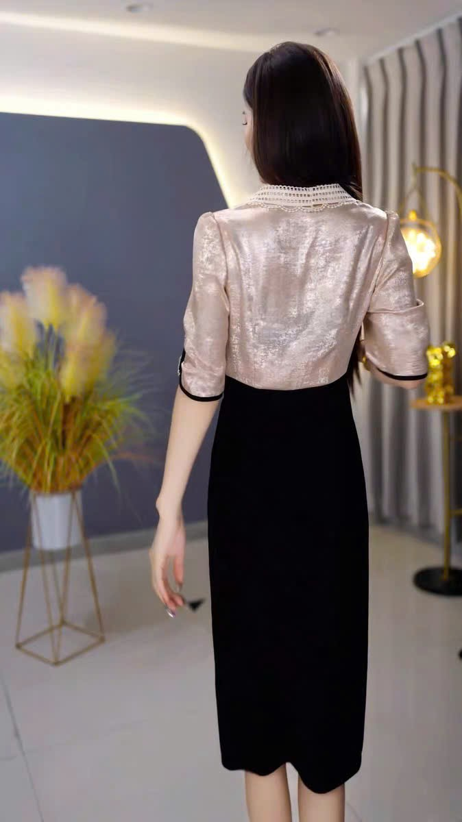 18276-Đầm liền suông phối thân lụa nhũ cổ ren bẻ ( lụa nhũ,lụa)_thumbnail_1